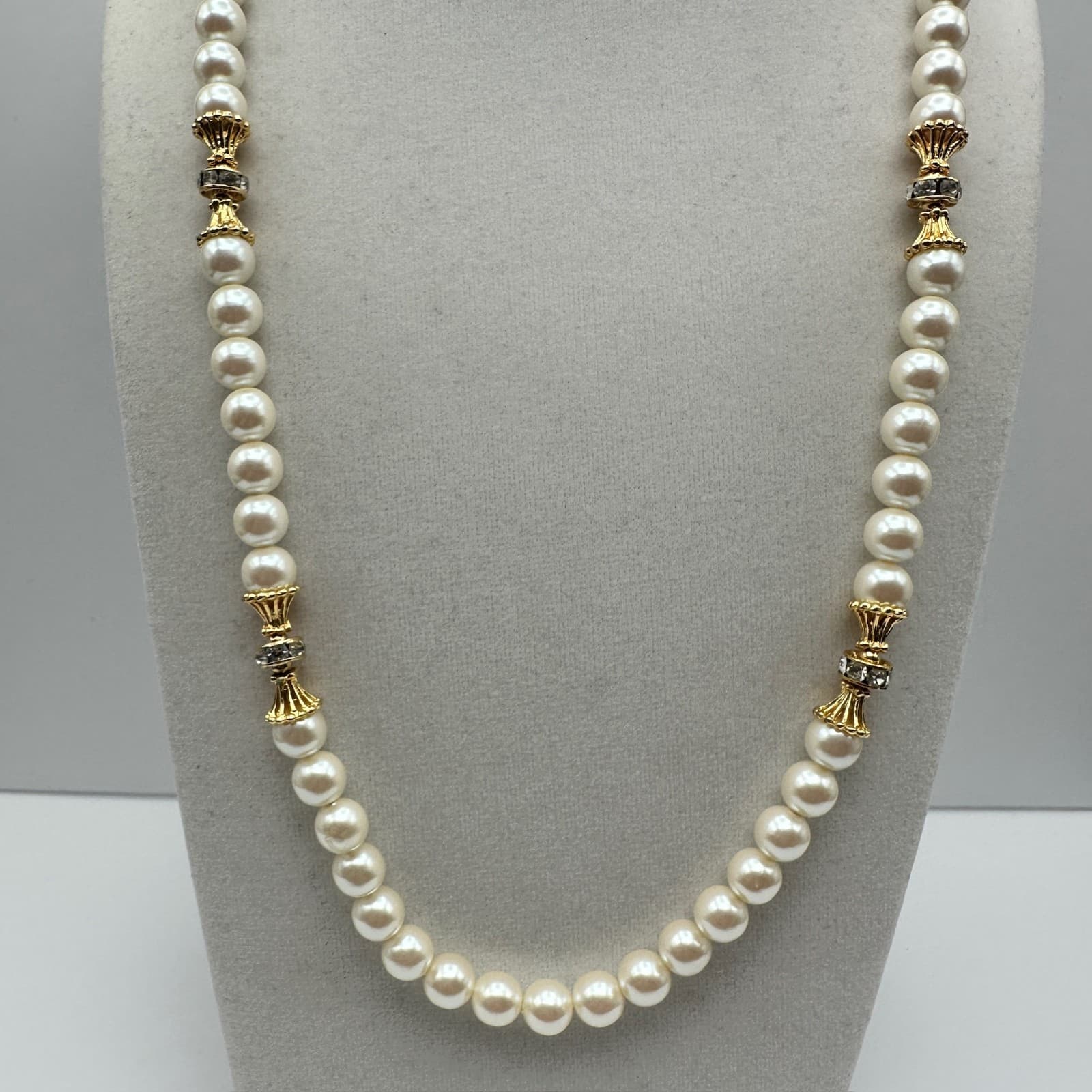 Vintage Faux Pearl Gold Tone Decorative Spacer Zirconia Bead Necklace Jewelry