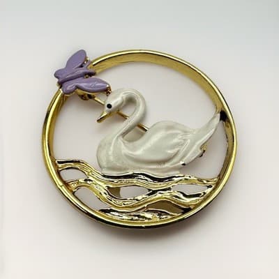 Vintage 80s White Swan Purple Butterfly Enamel Brooch Pin Women's Jewelry