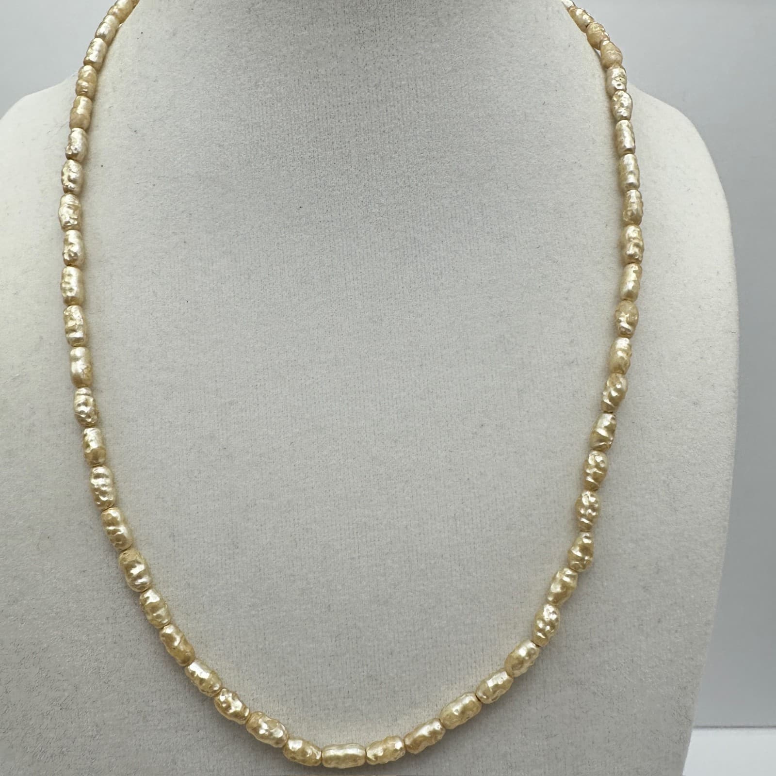Vintage 90s Cream Baroque Plastic Bead Necklace Iridescent Faux Pearl Strand