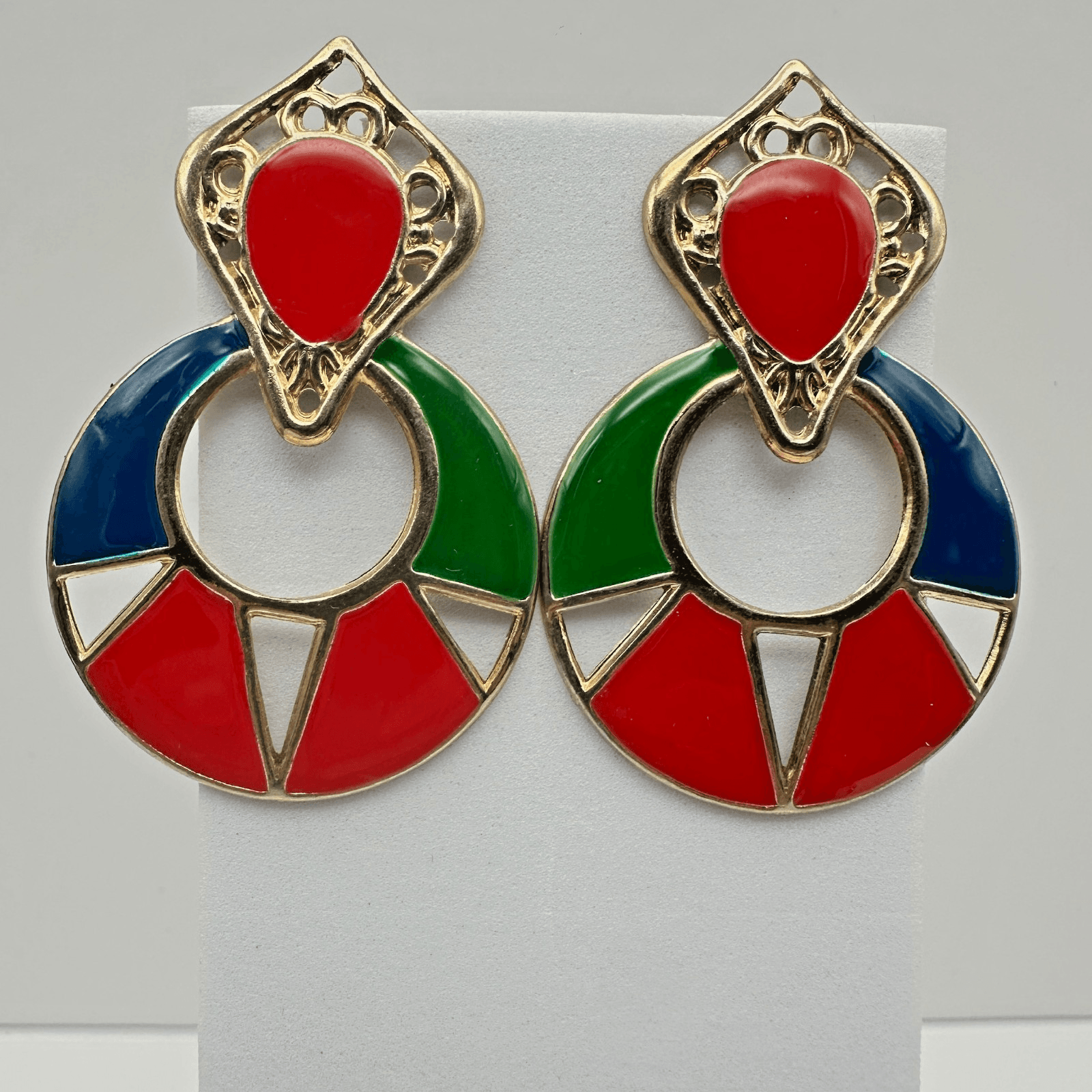 Vintage 80s Colorful Enamel Door Knocker Earrings Gold Tone Women's Jewelry