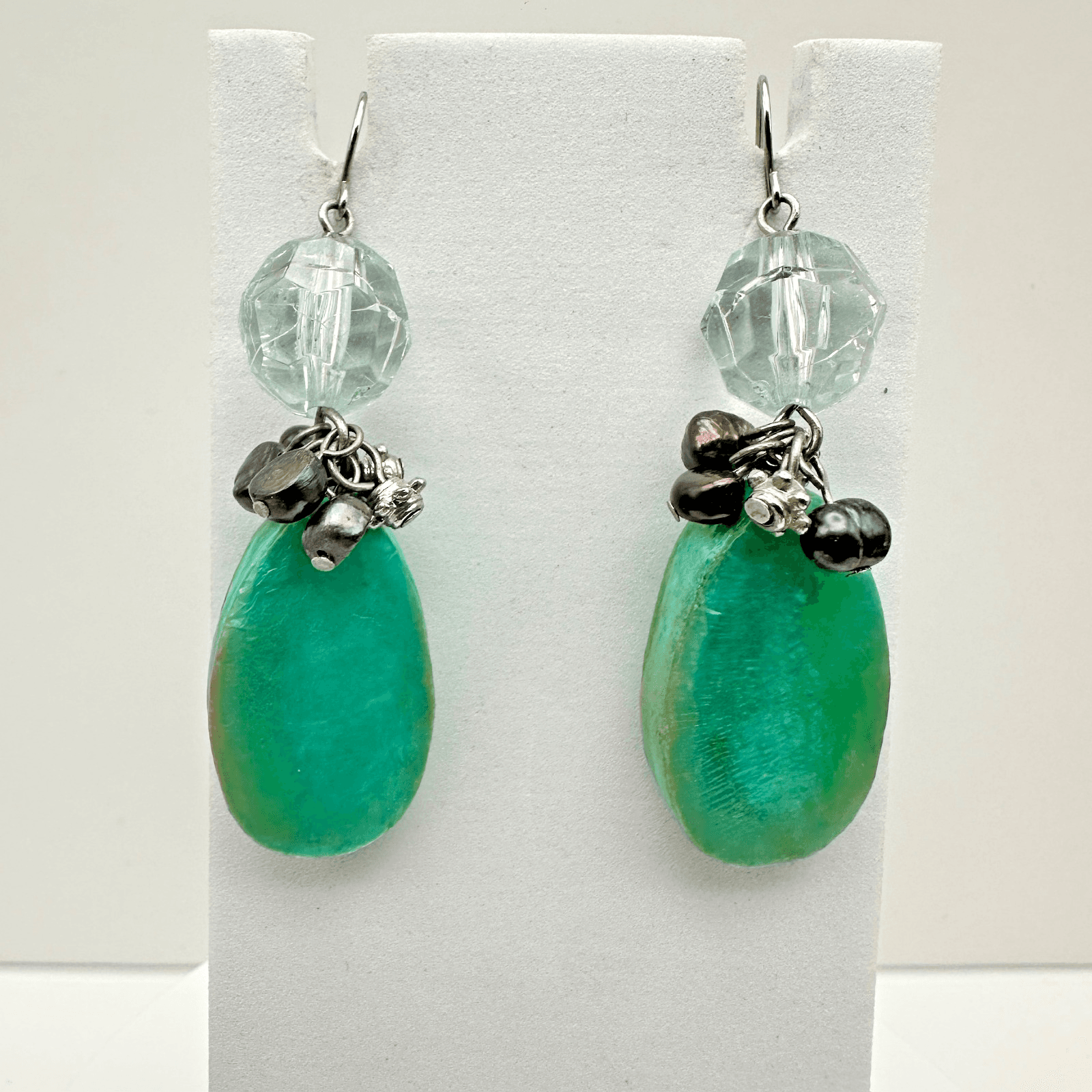 Vintage Y2K 90s Boho Earrings Green Drop Bead & Faux Pearl Crystal Hook Jewelry
