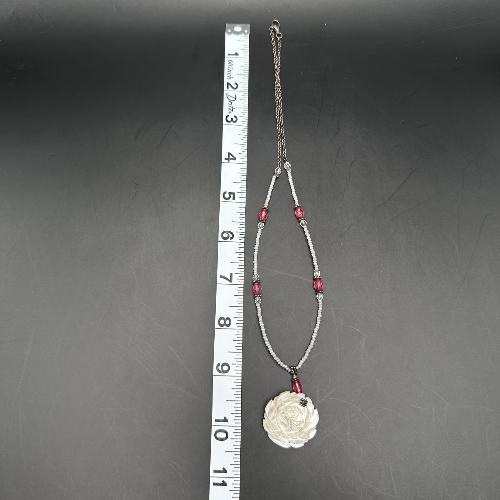 Vintage 90s Mother of Pearl Rose Pendant Necklace Pink Glass Beads Handmade - Thumbnail 9
