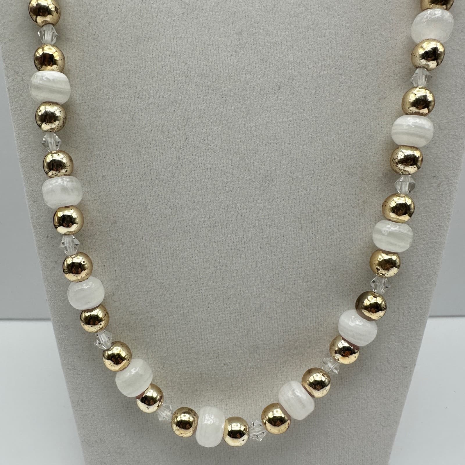 Vintage 90s Agate Coated Plastic Bead Necklace White Gold Tone Statement Jewelry