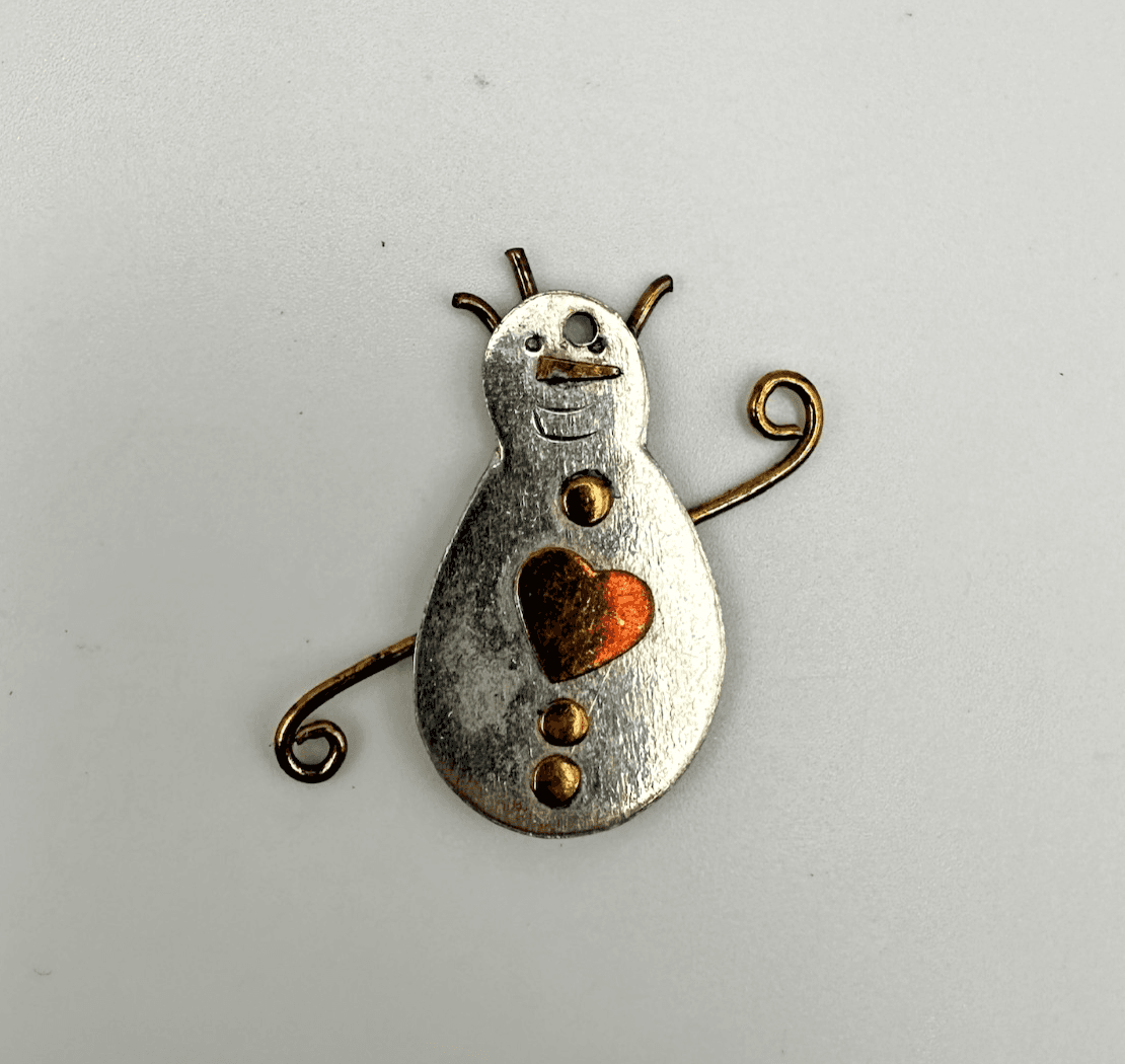Vintage 90s Mixed Metal Snowman Pin Brooch Copper Heart & Gold Accents Jewelry