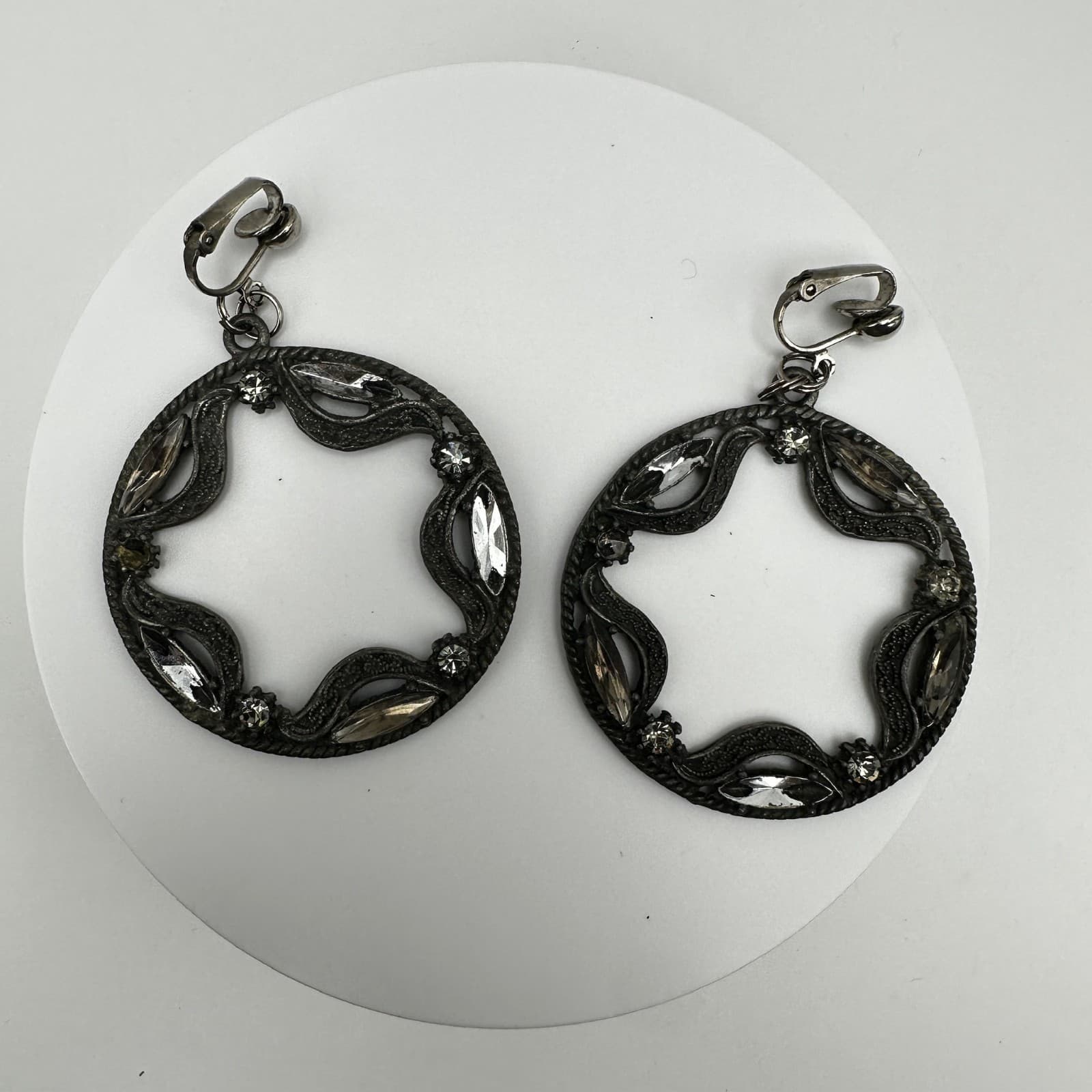 Vintage 90s Silver Tone Clip On Hoop Earrings Open Circle Clear Rhinestone