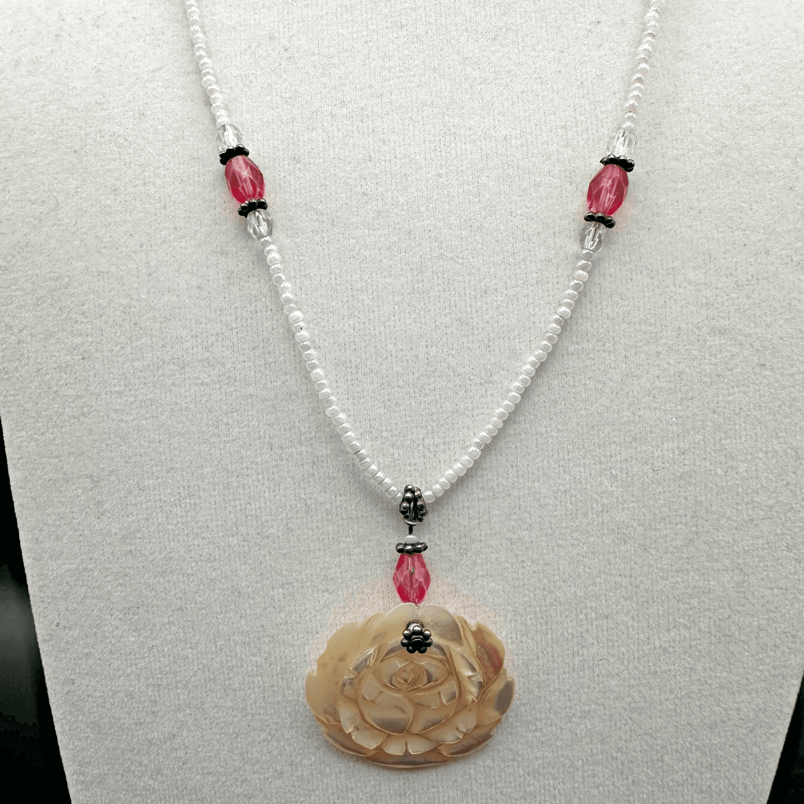 Vintage 90s Mother of Pearl Rose Pendant Necklace Pink Glass Beads Handmade