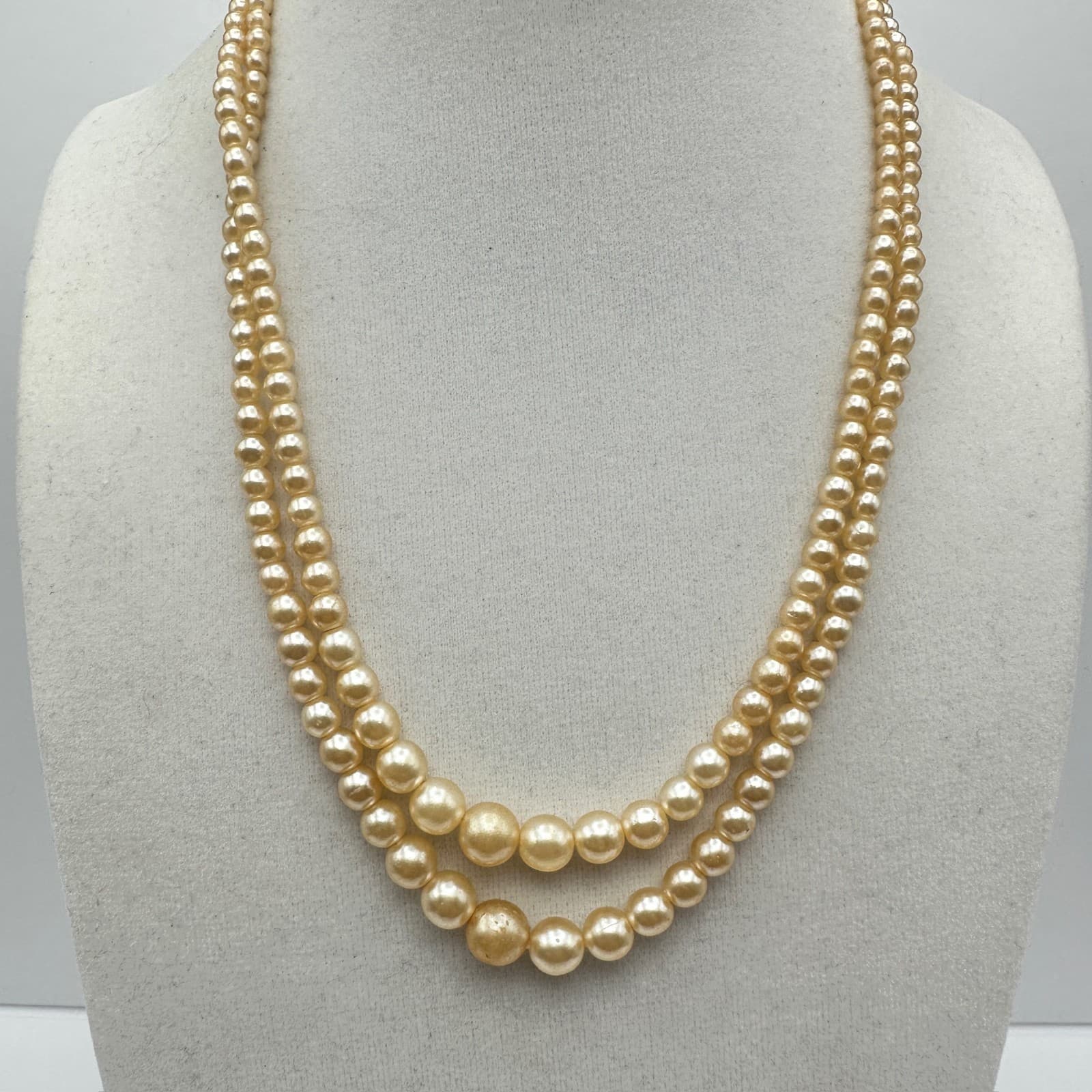 Vintage 80s Plastic Pearl Necklace Double Strand Cream Gold Tone Jewelry