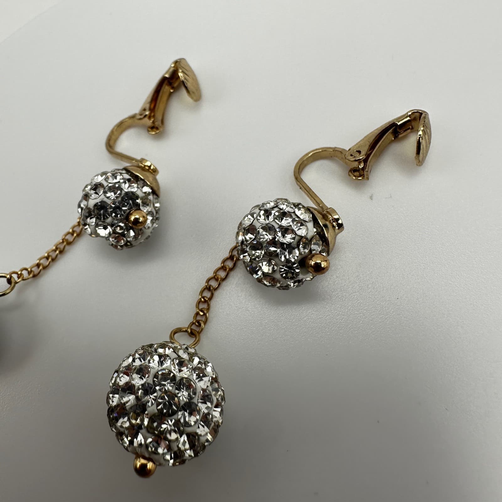 Vintage 90s Gold Rhinestone Disco Ball Dangle Clip On Earrings Pave Cluster Glam - Thumbnail 4