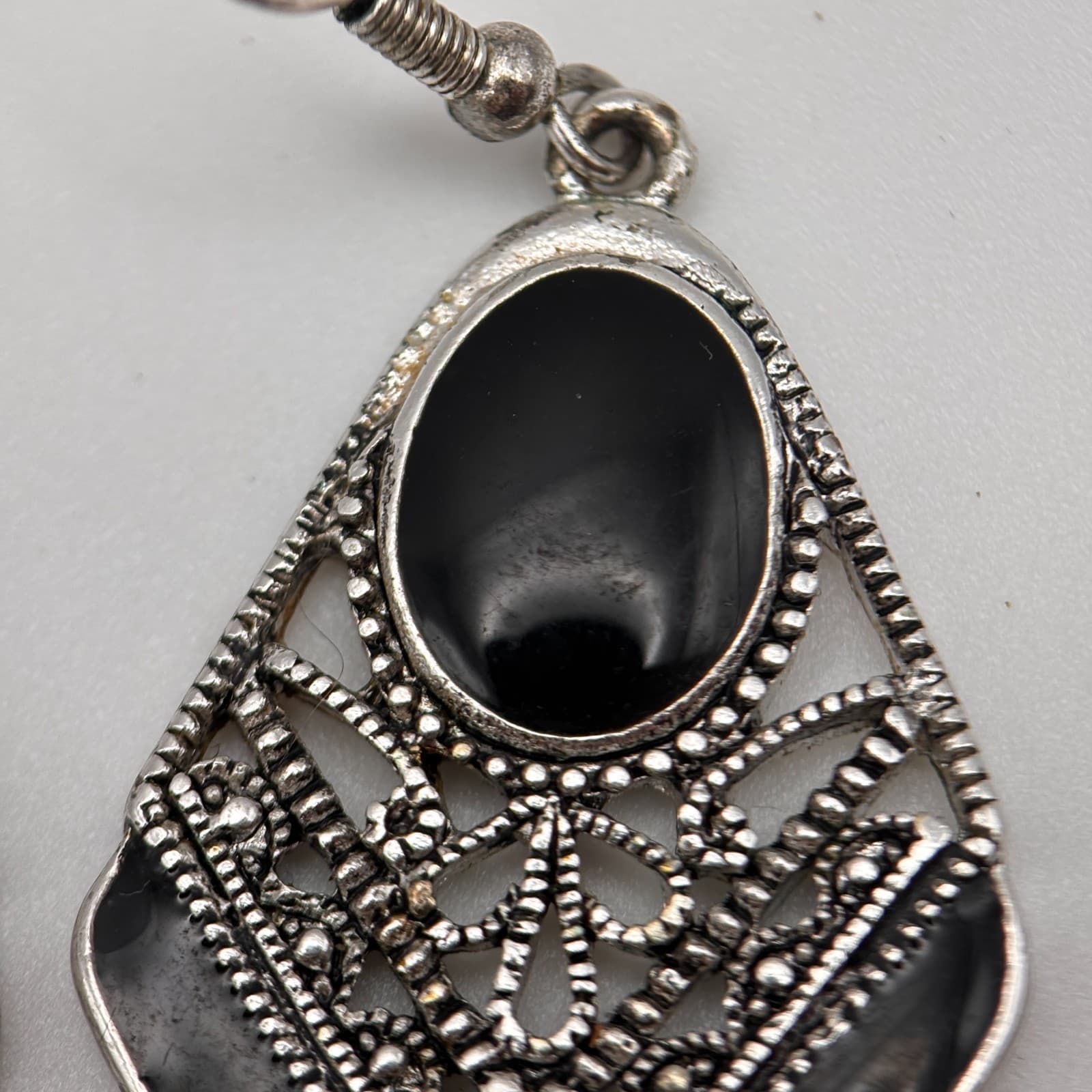 Vintage 90s Silver Tone Black Enamel Filigree Rhombus Dangle Earrings Jewelry - Thumbnail 8