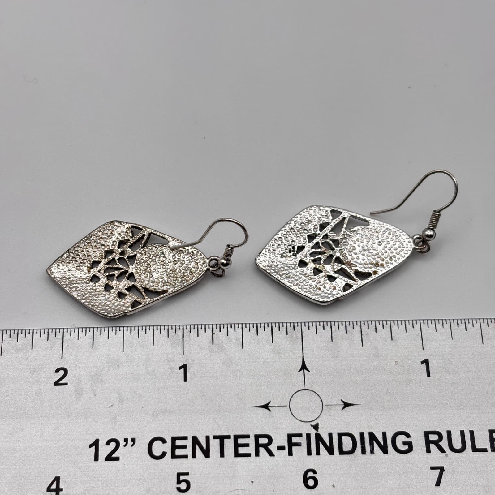 Vintage 90s Silver Tone Black Enamel Filigree Rhombus Dangle Earrings Jewelry - Thumbnail 10