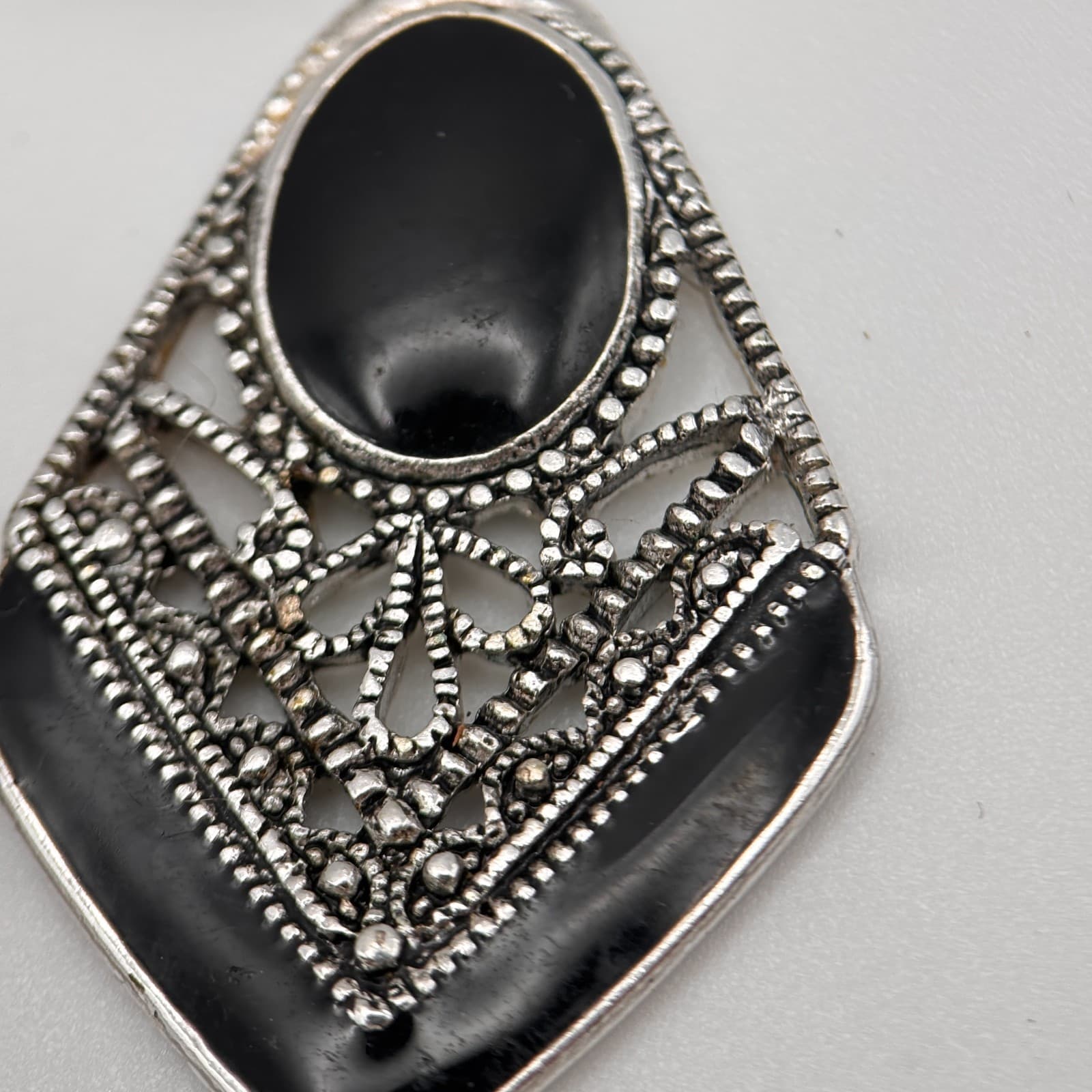 Vintage 90s Silver Tone Black Enamel Filigree Rhombus Dangle Earrings Jewelry - Thumbnail 3