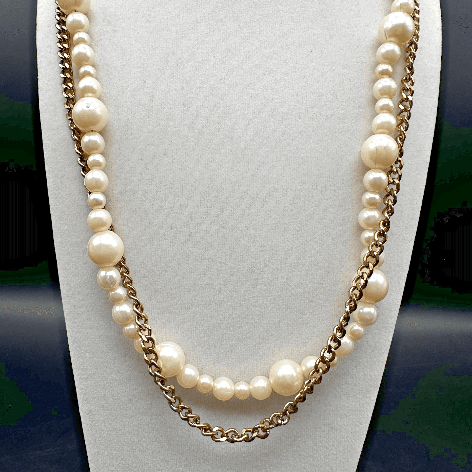 Vintage 90s Chunky Strands Gold Tone Faux Pearl Statement Necklace Jewelry