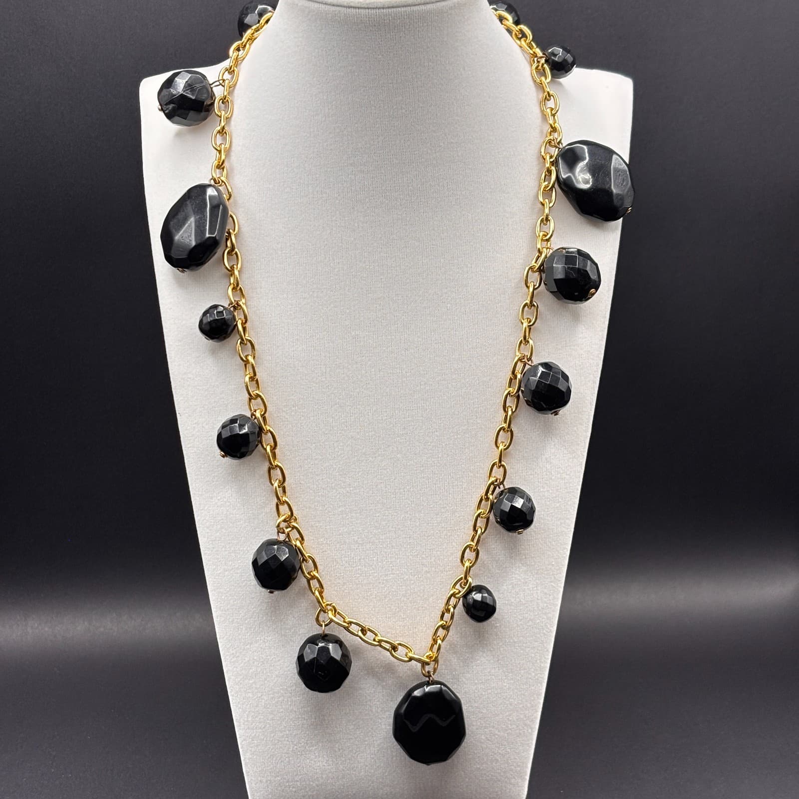 Vintage Gold Tone Chain Black Faceted Bead Statement Necklace Over The Head