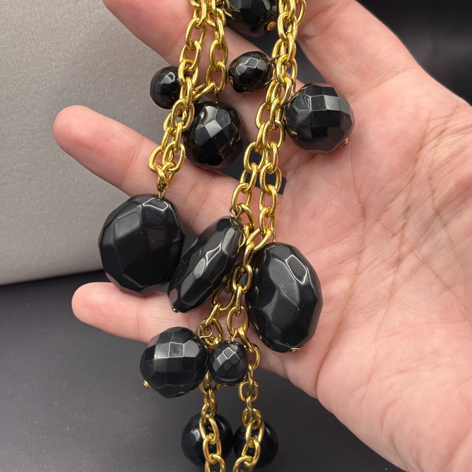 Vintage Gold Tone Chain Black Faceted Bead Statement Necklace Over The Head - Thumbnail 7