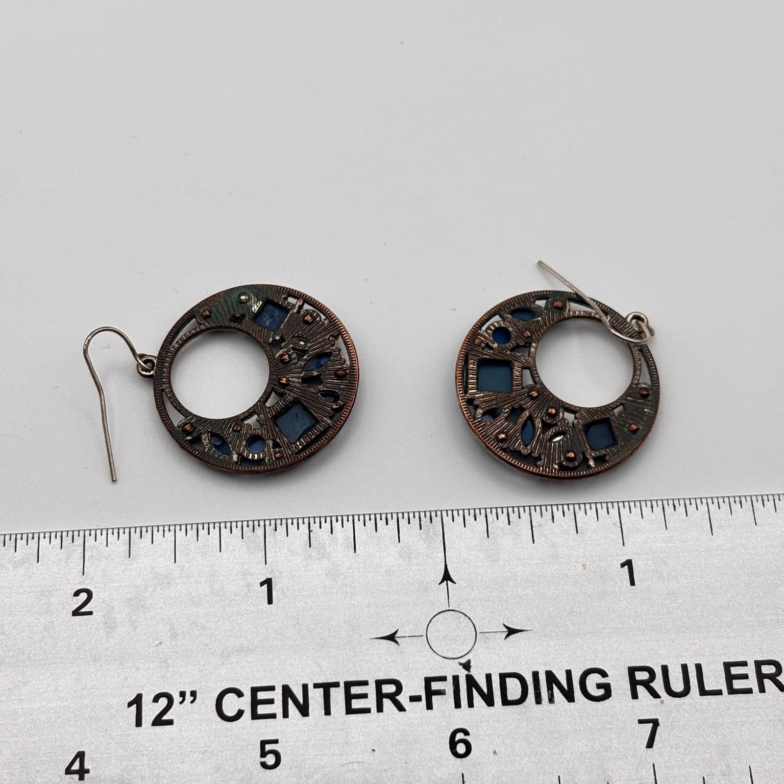 Vintage 90s Bronze Tone Open Hoop Dangle Earrings Multi Blue Rhinestone Jewelry - Thumbnail 10