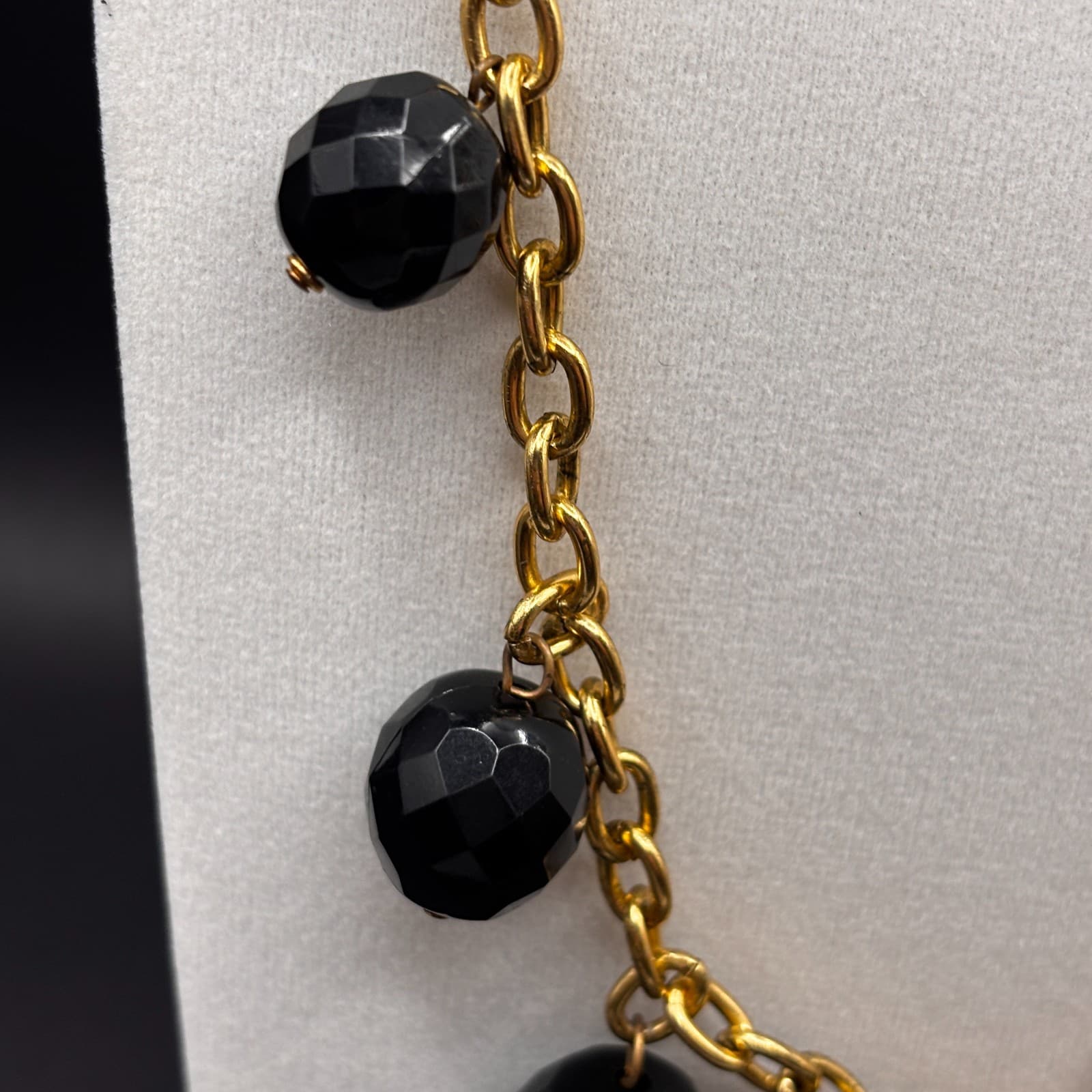 Vintage Gold Tone Chain Black Faceted Bead Statement Necklace Over The Head - Thumbnail 5