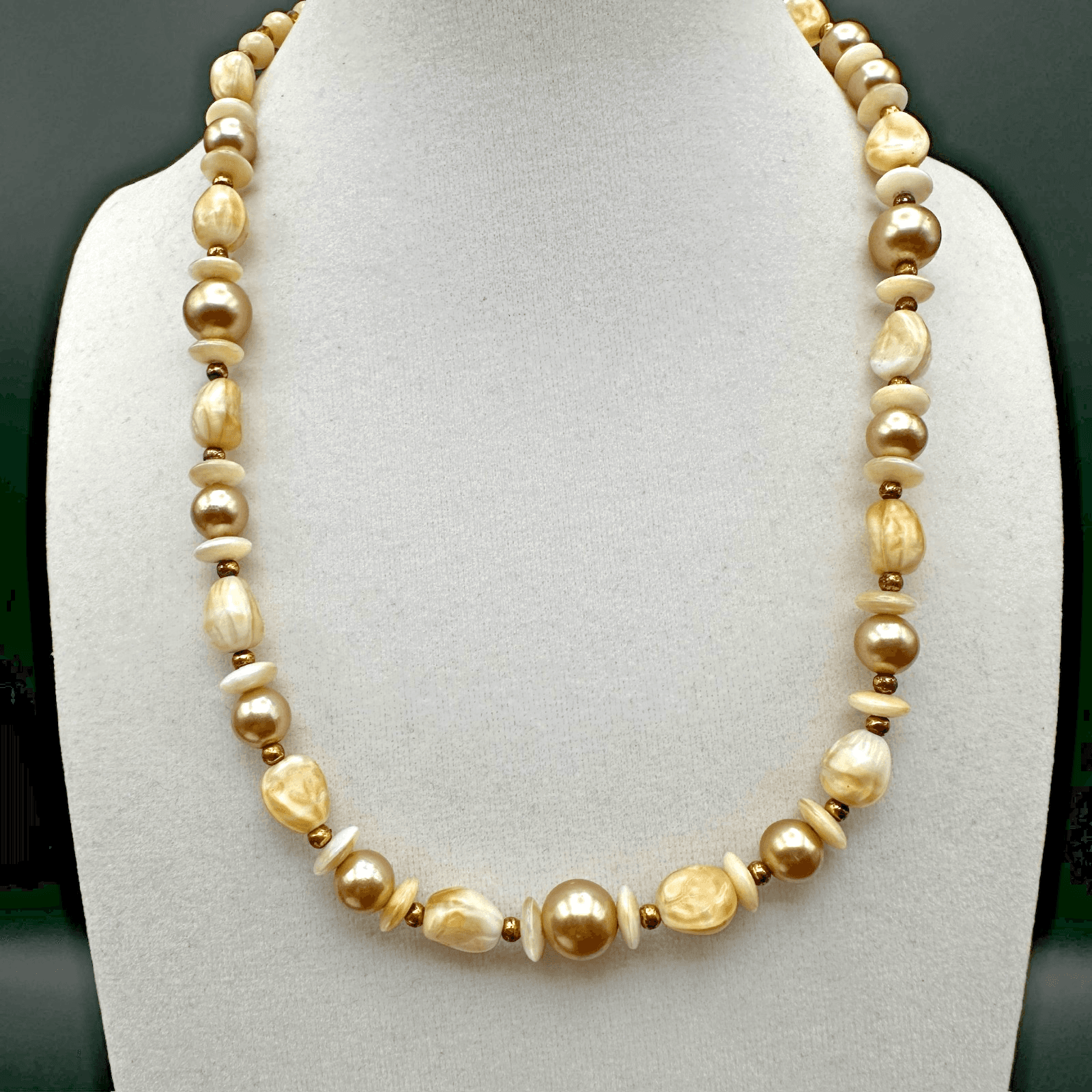 Vintage Ivory & Gold Toned Graduated Faux Pearl Statement Necklace 80s Jewelry