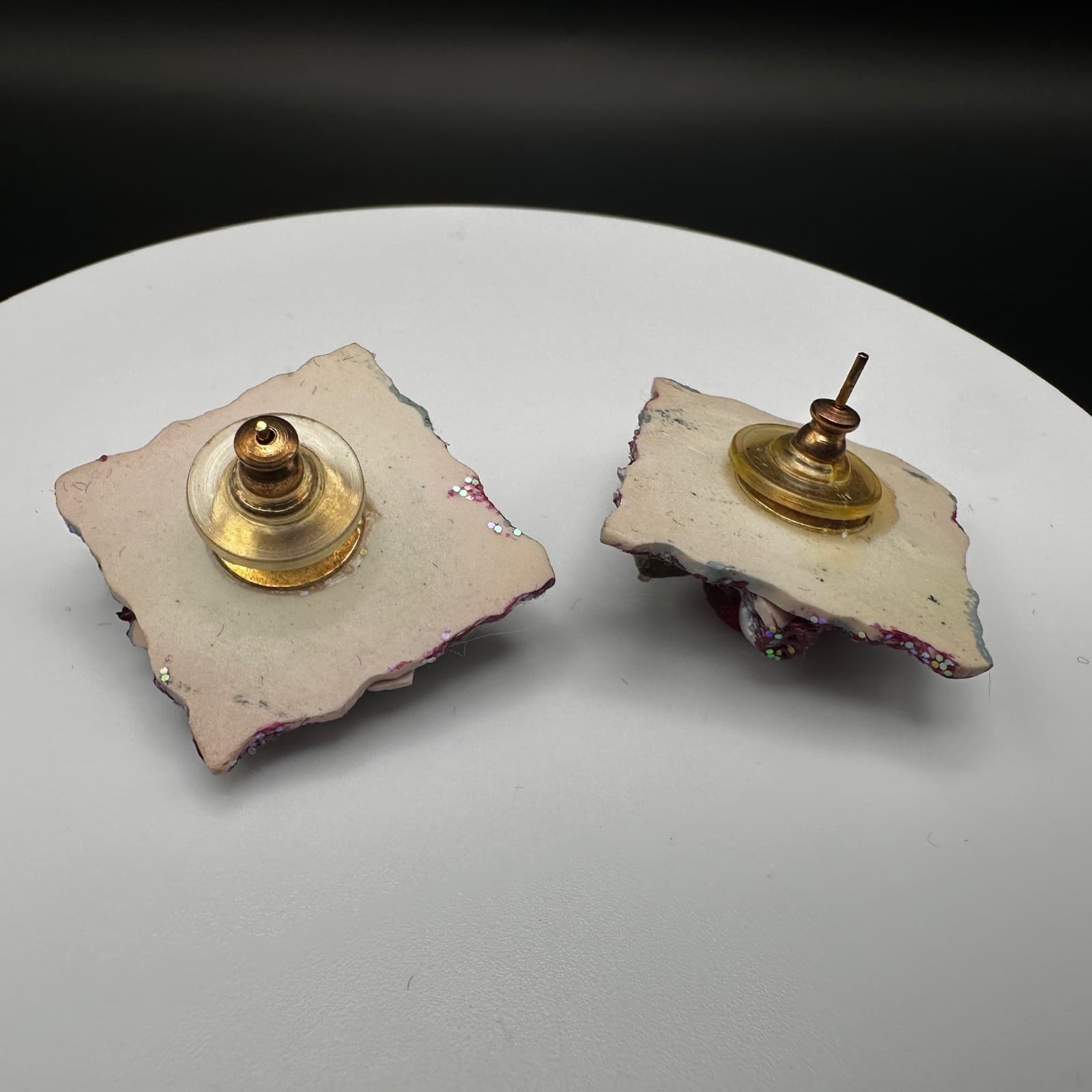 Vintage 90s Square Glitter Handmade Stud Earrings Rose Pearl Statement Jewelry - Thumbnail 5