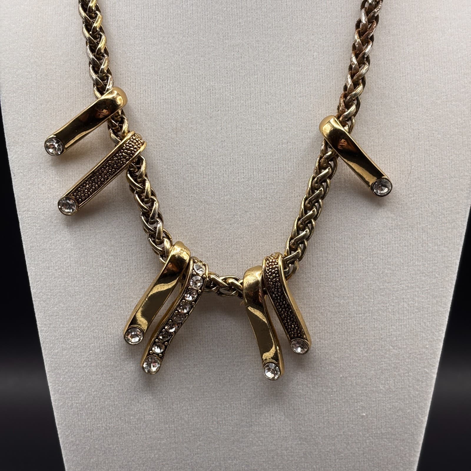 Vintgae Y2K Gold Tone Statement Necklace Woven Chain Crystal Dangle Choker - Thumbnail 2