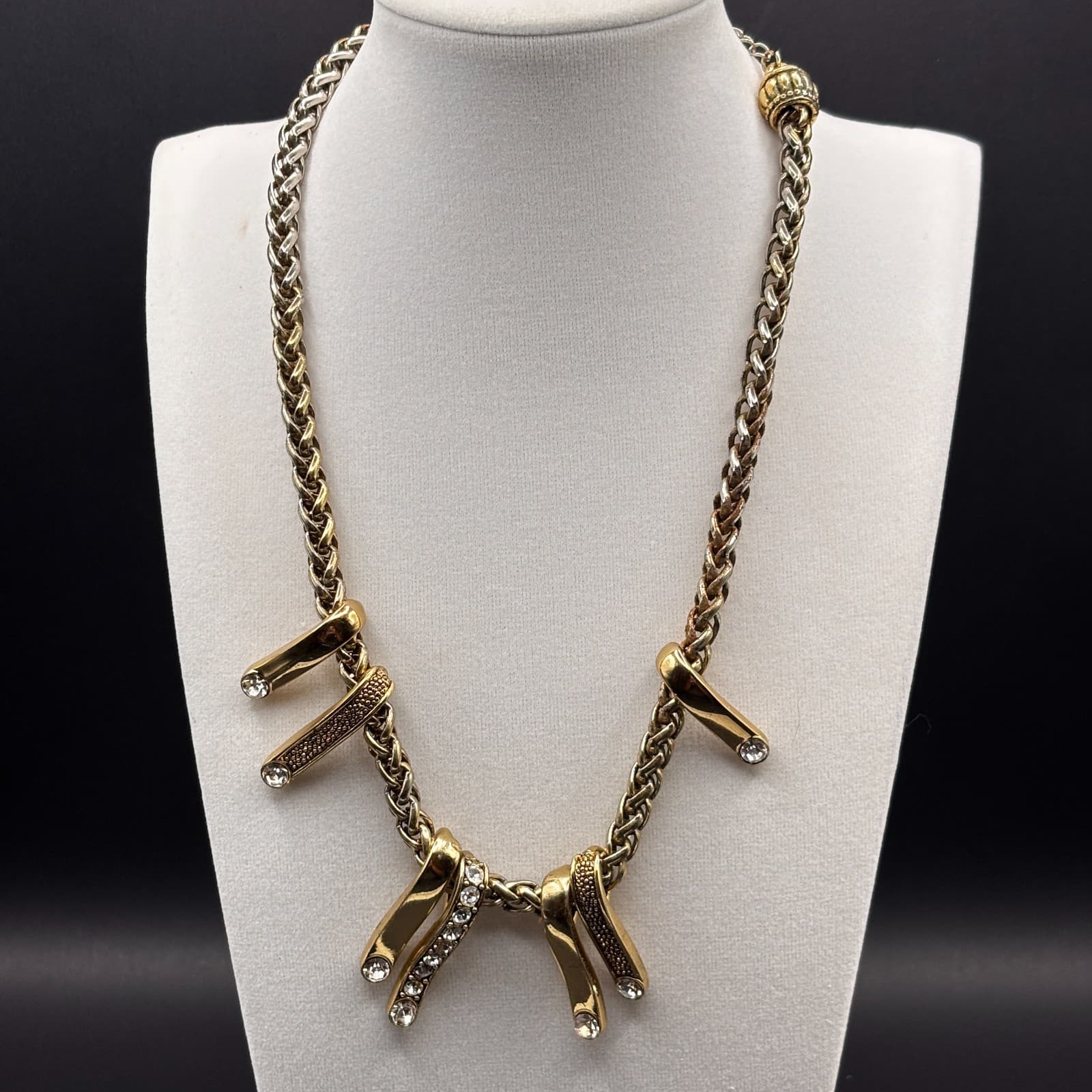 Vintgae Y2K Gold Tone Statement Necklace Woven Chain Crystal Dangle Choker