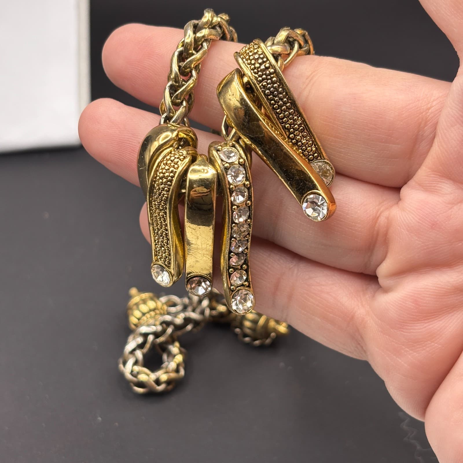 Vintgae Y2K Gold Tone Statement Necklace Woven Chain Crystal Dangle Choker - Thumbnail 7