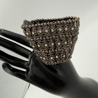 Vintage Rhinestone Beaded Flower Wide Cuff Bracelet Statement Jewelry Y2K 90s - Thumbnail 3