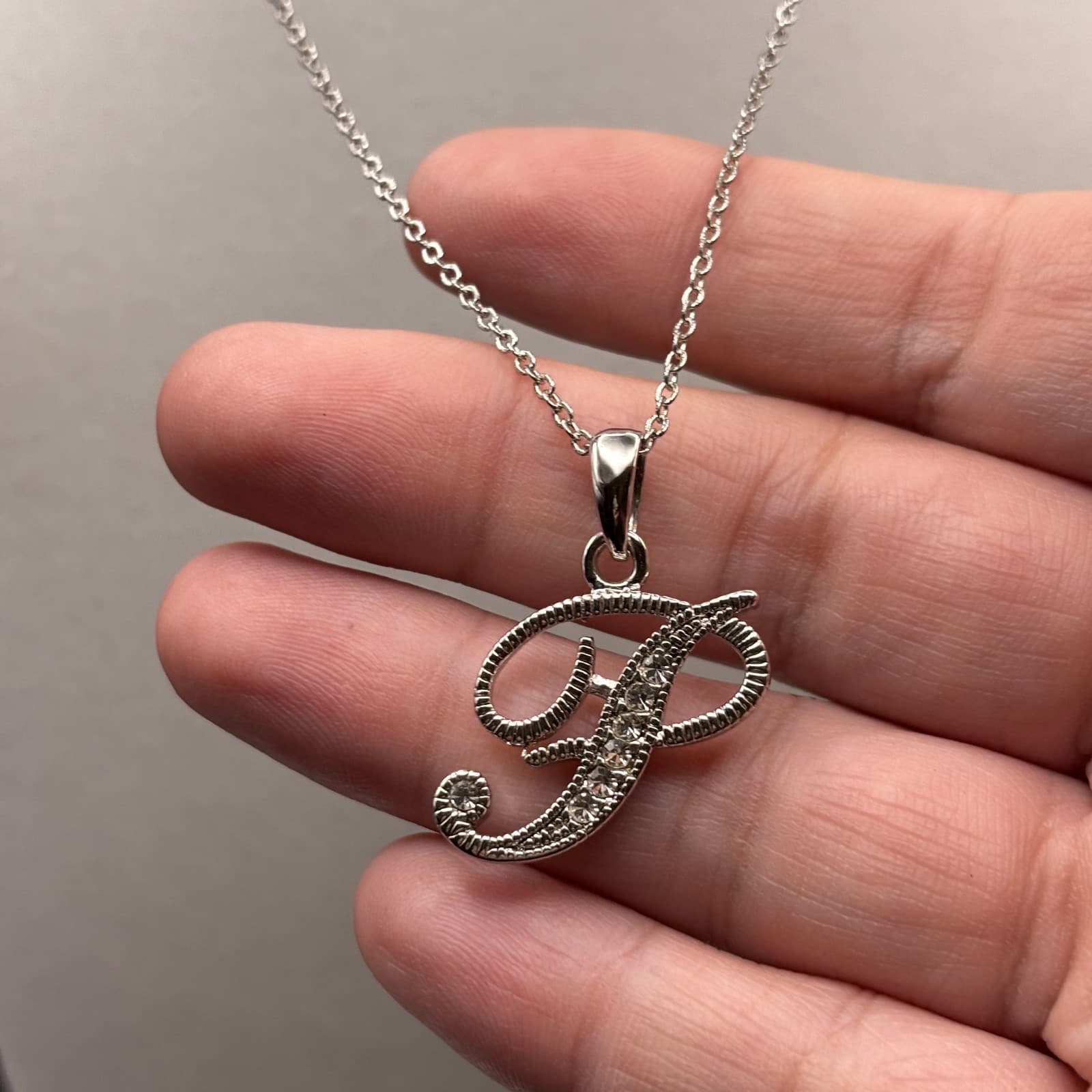 Vintage Initial P Pendant Necklace Clear Rhinestone Script Silver Tone Chain - Thumbnail 4