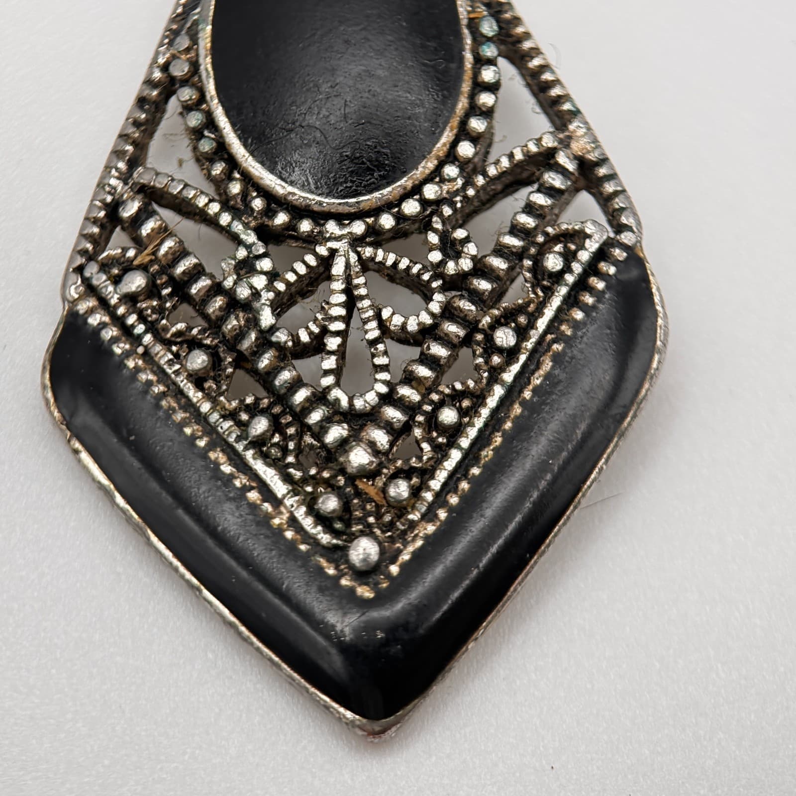 Vintage Y2K Silver Tone Black Enamel Drop Women's Dangle Earrings Filigree Boho - Thumbnail 7