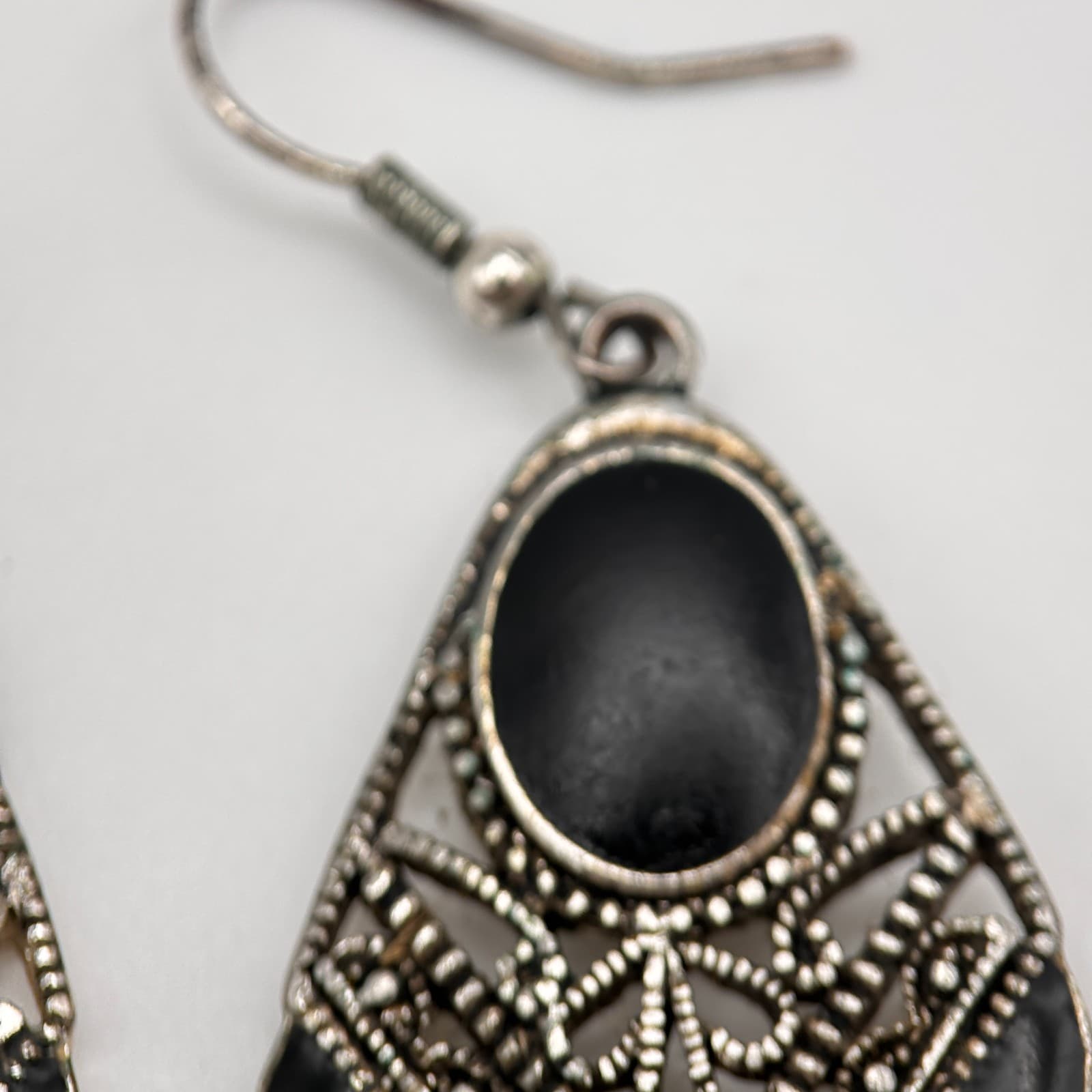 Vintage Y2K Silver Tone Black Enamel Drop Women's Dangle Earrings Filigree Boho - Thumbnail 8