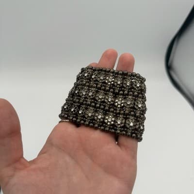 Vintage Rhinestone Beaded Flower Wide Cuff Bracelet Statement Jewelry Y2K 90s - Thumbnail 2