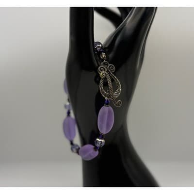 Vintage Purple Glass Crystal Beaded Bracelet Leaf Charm Boho Chic Jewelry 7.75''