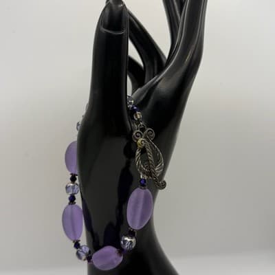 Vintage Purple Glass Crystal Beaded Bracelet Leaf Charm Boho Chic Jewelry 7.75'' - Thumbnail 2