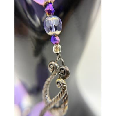 Vintage Purple Glass Crystal Beaded Bracelet Leaf Charm Boho Chic Jewelry 7.75'' - Thumbnail 3