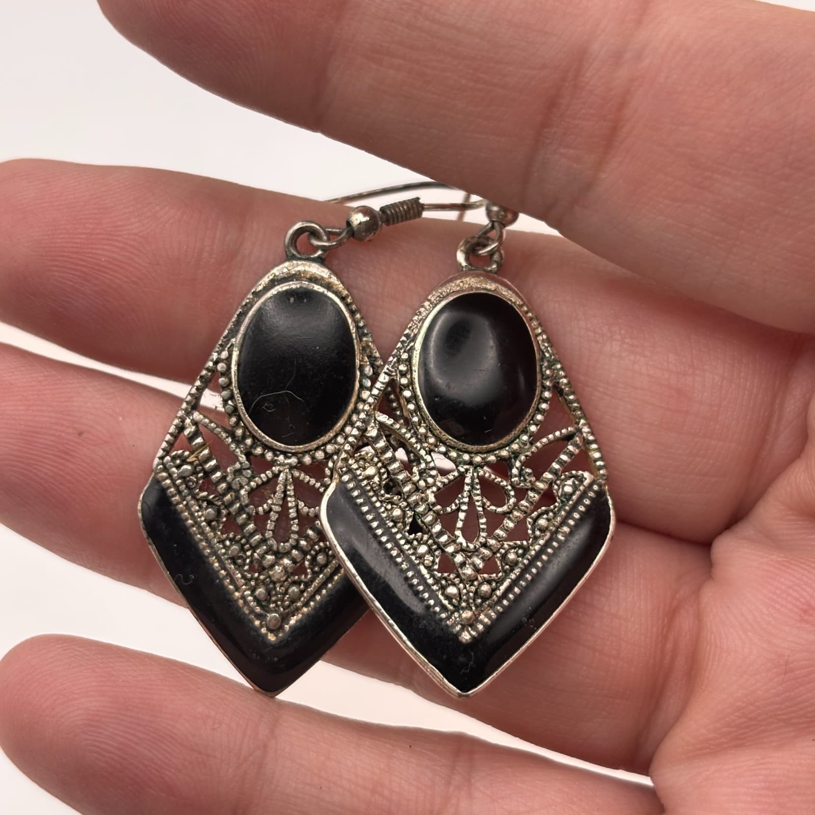 Vintage Y2K Silver Tone Black Enamel Drop Women's Dangle Earrings Filigree Boho - Thumbnail 11