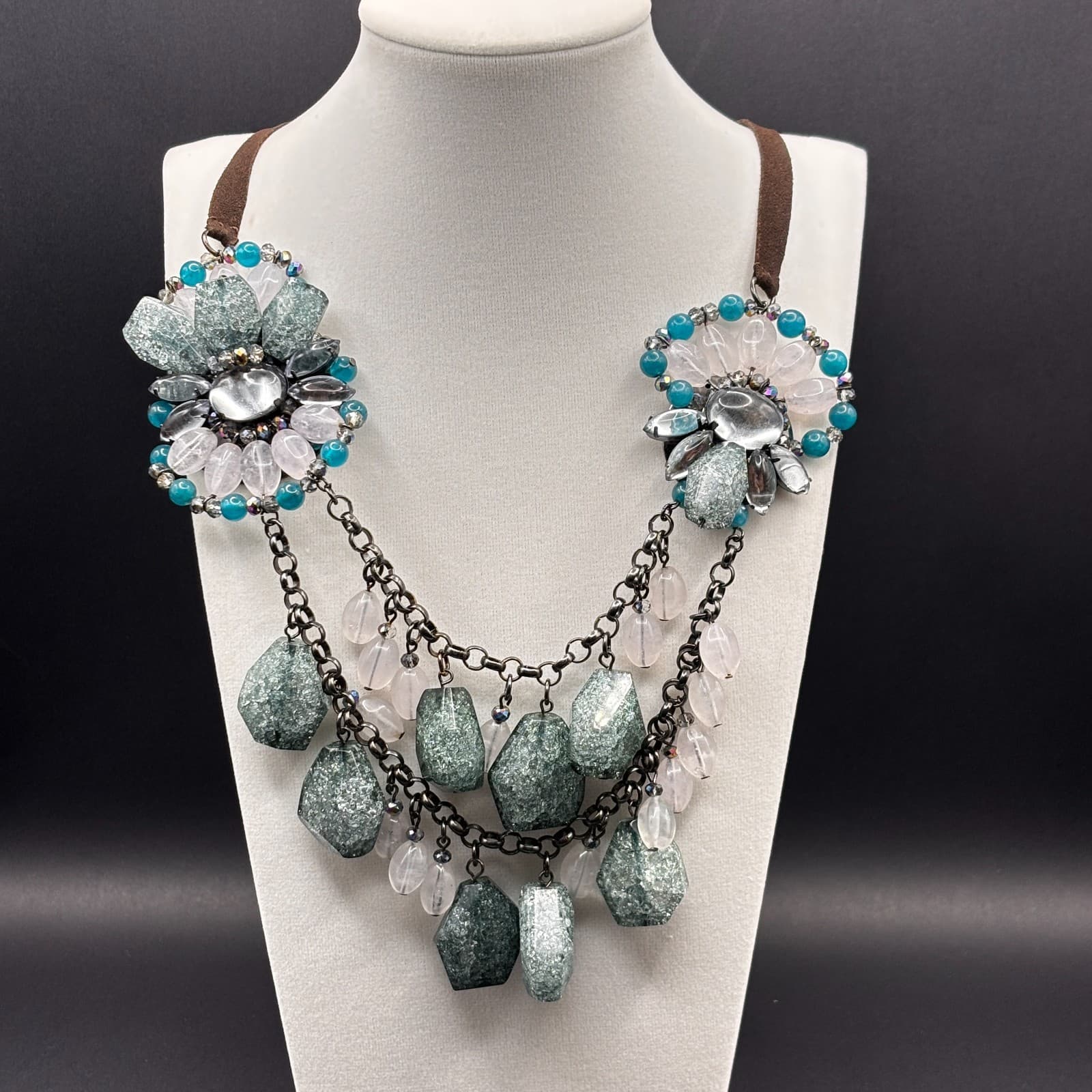 Vintage Y2K Coldwater Creek Fashion Draping Quartz Necklace Blue & Silver Beads