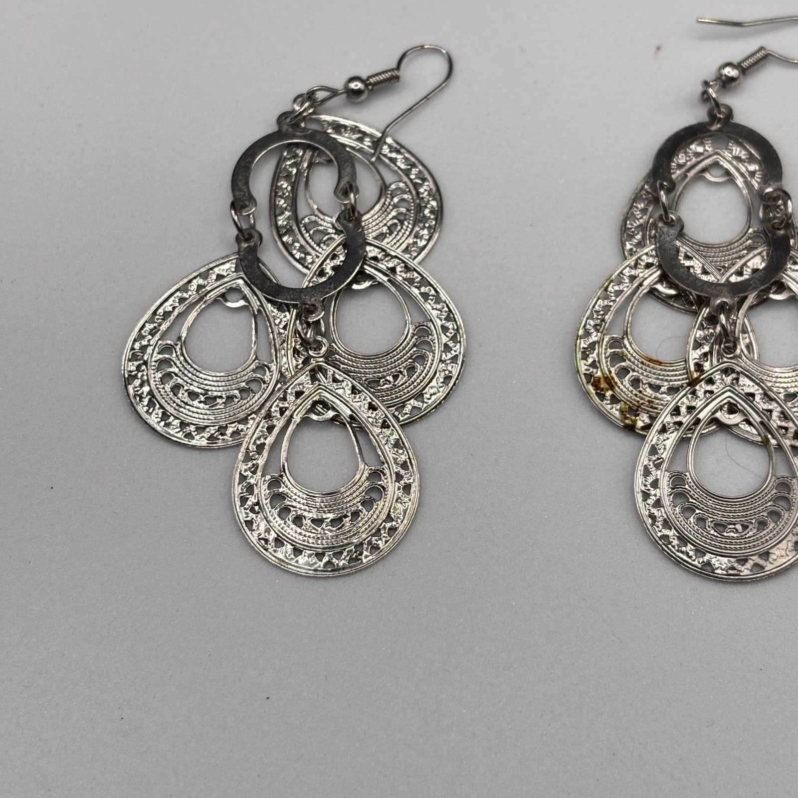 Vintage 90s Silver Tone Dangle Earrings Filigree Boho Women's Classic Jewelry - Thumbnail 7