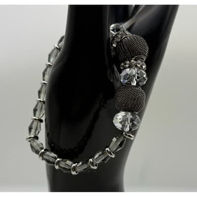 Vintage Crystal & Mesh Beaded Stretch Bracelet Silver Tone Jewelry 6.5''