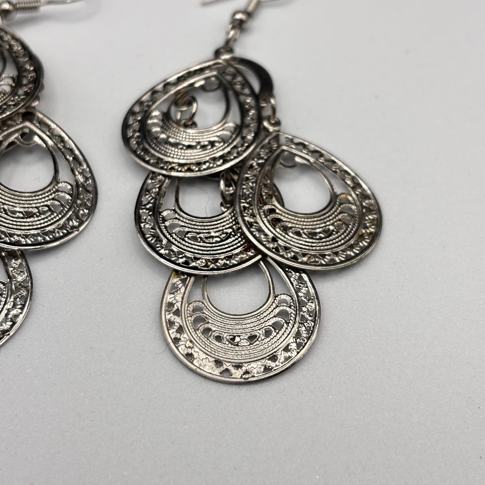 Vintage 90s Silver Tone Dangle Earrings Filigree Boho Women's Classic Jewelry - Thumbnail 4