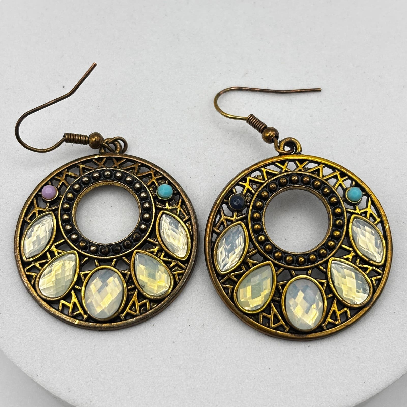 Vintage 90s Round Drop Earrings Filigree Opalescent Women's Classic Jewelry