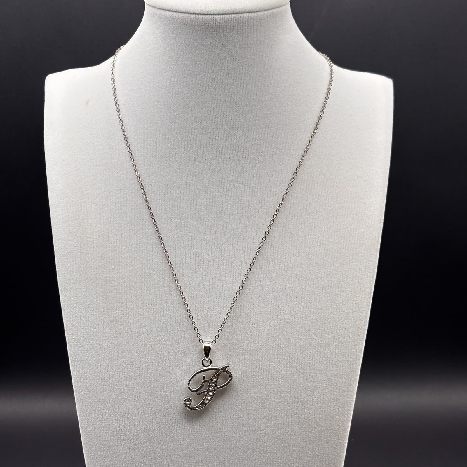 Vintage Initial P Pendant Necklace Clear Rhinestone Script Silver Tone Chain