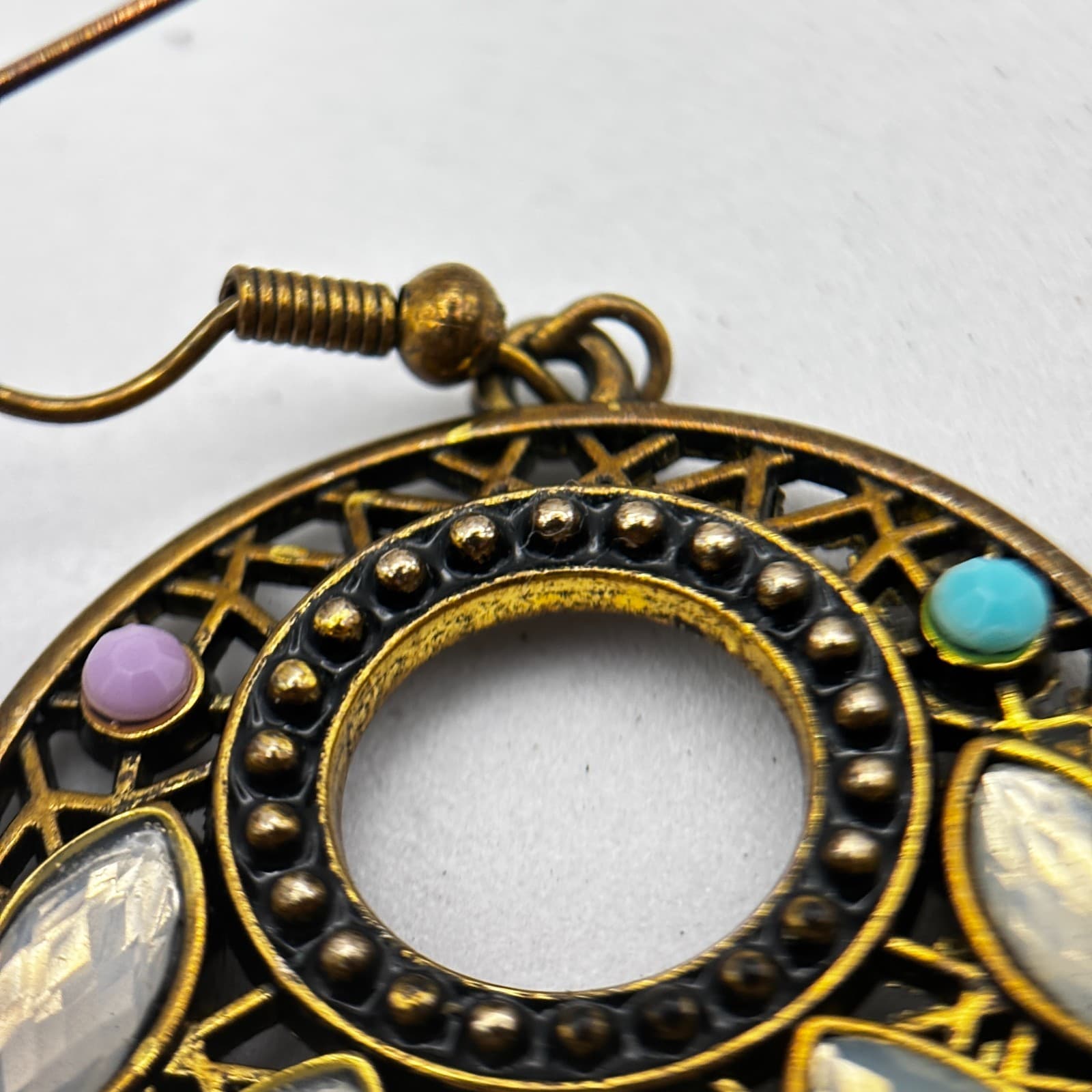 Vintage 90s Round Drop Earrings Filigree Opalescent Women's Classic Jewelry - Thumbnail 8