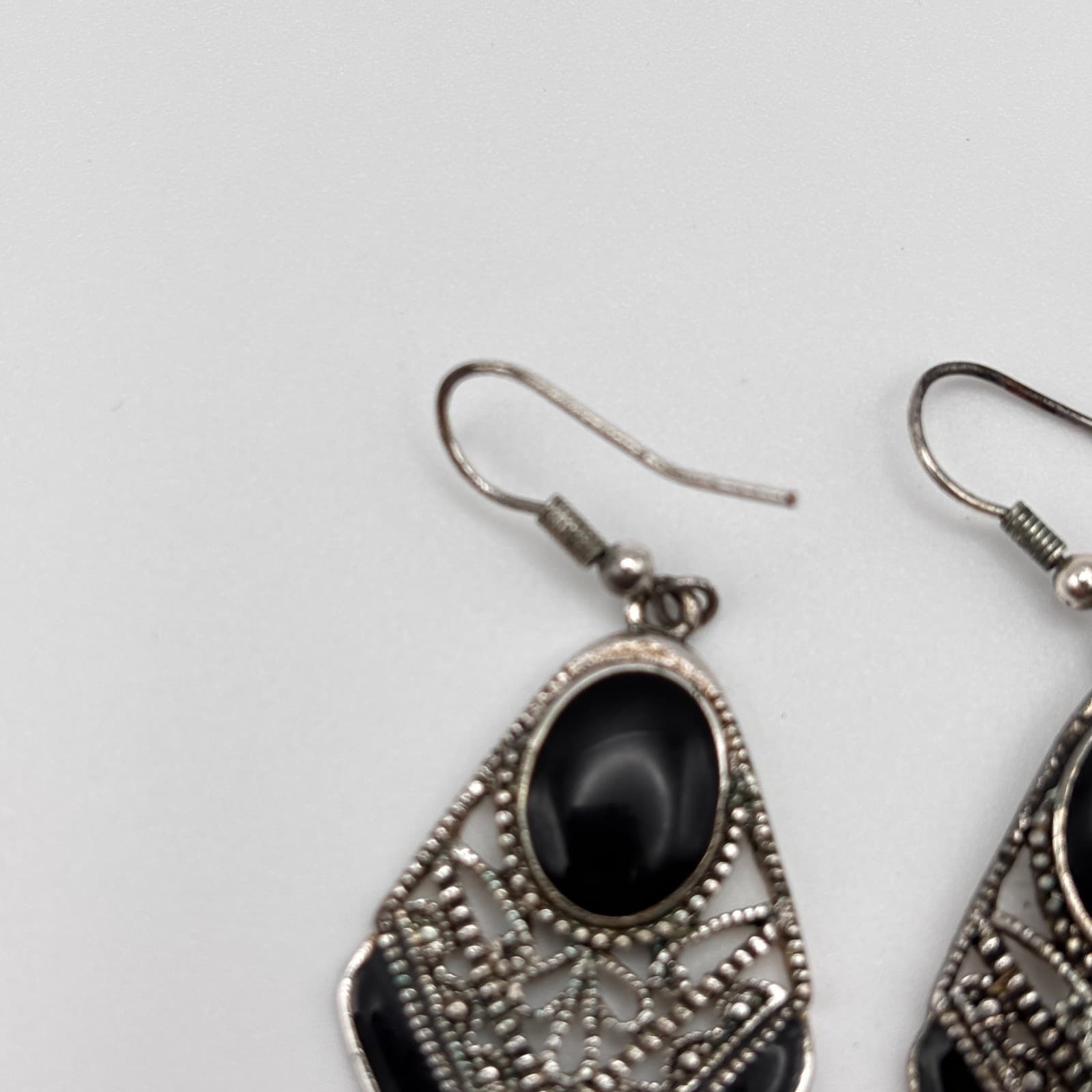 Vintage Y2K Silver Tone Black Enamel Drop Women's Dangle Earrings Filigree Boho - Thumbnail 4