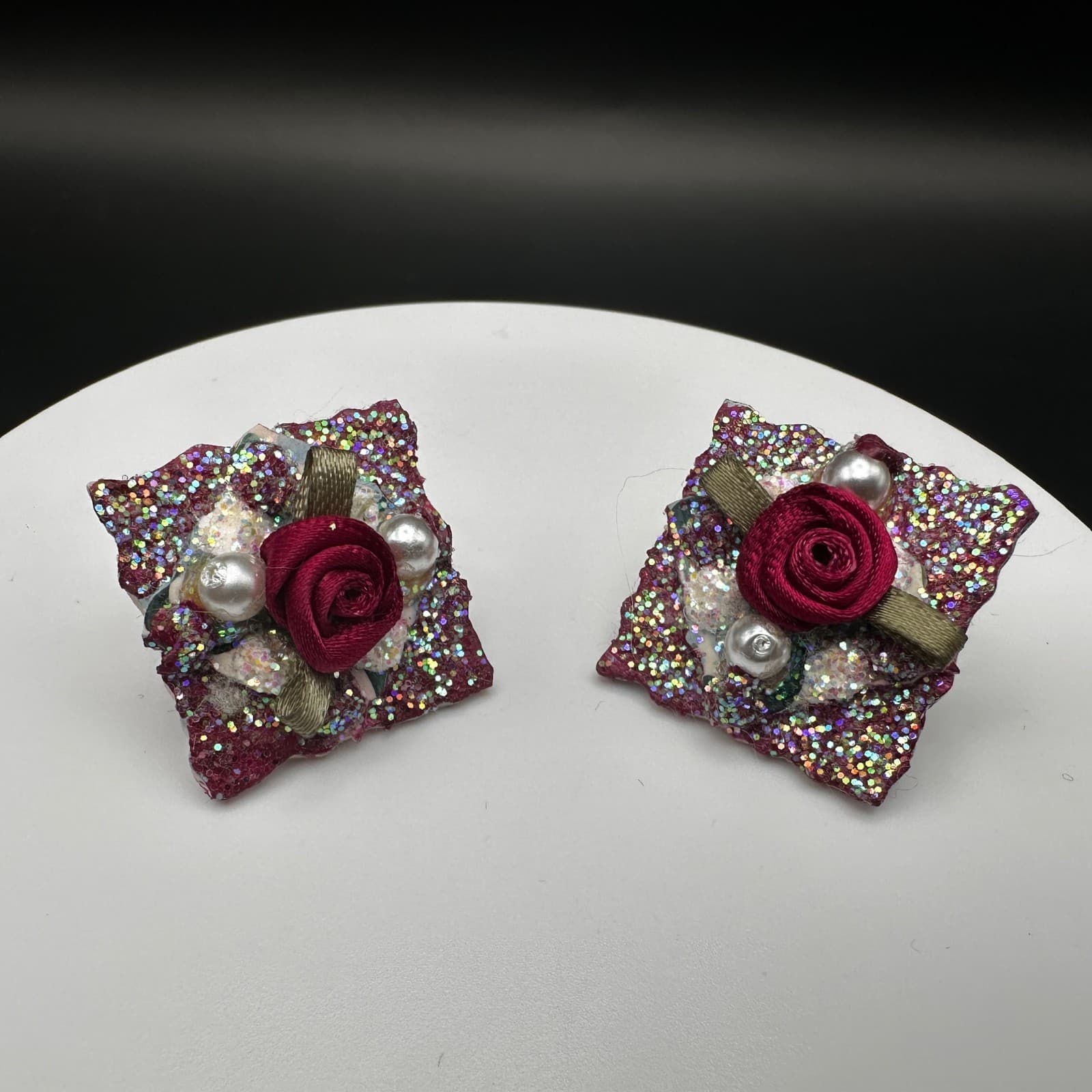 Vintage 90s Square Glitter Handmade Stud Earrings Rose Pearl Statement Jewelry