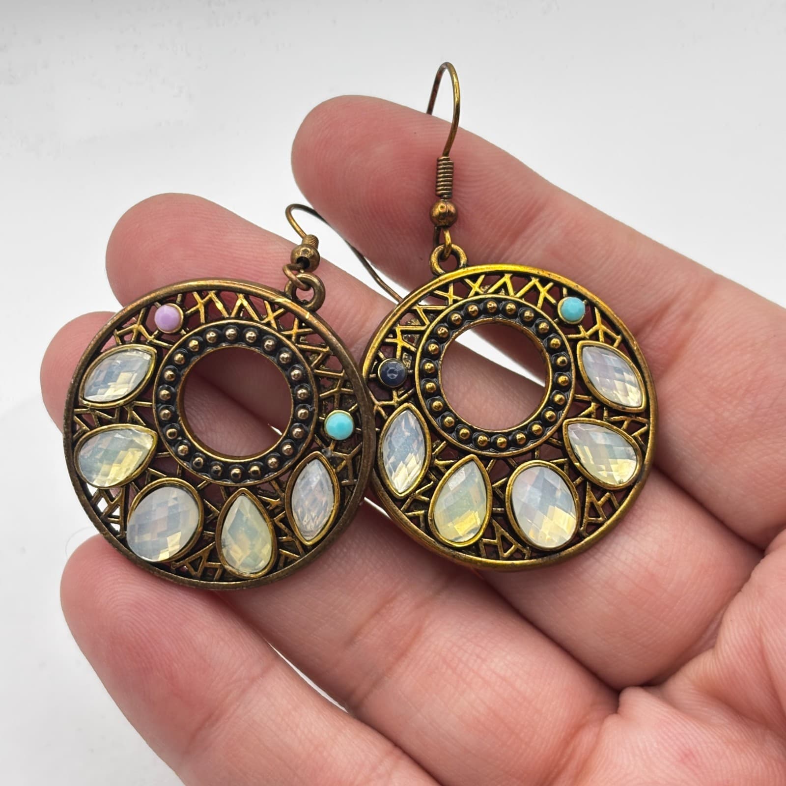 Vintage 90s Round Drop Earrings Filigree Opalescent Women's Classic Jewelry - Thumbnail 9