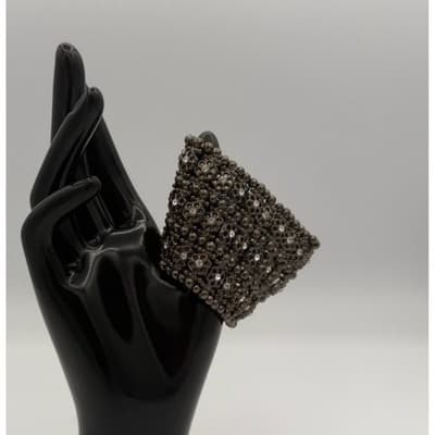 Vintage Rhinestone Beaded Flower Wide Cuff Bracelet Statement Jewelry Y2K 90s