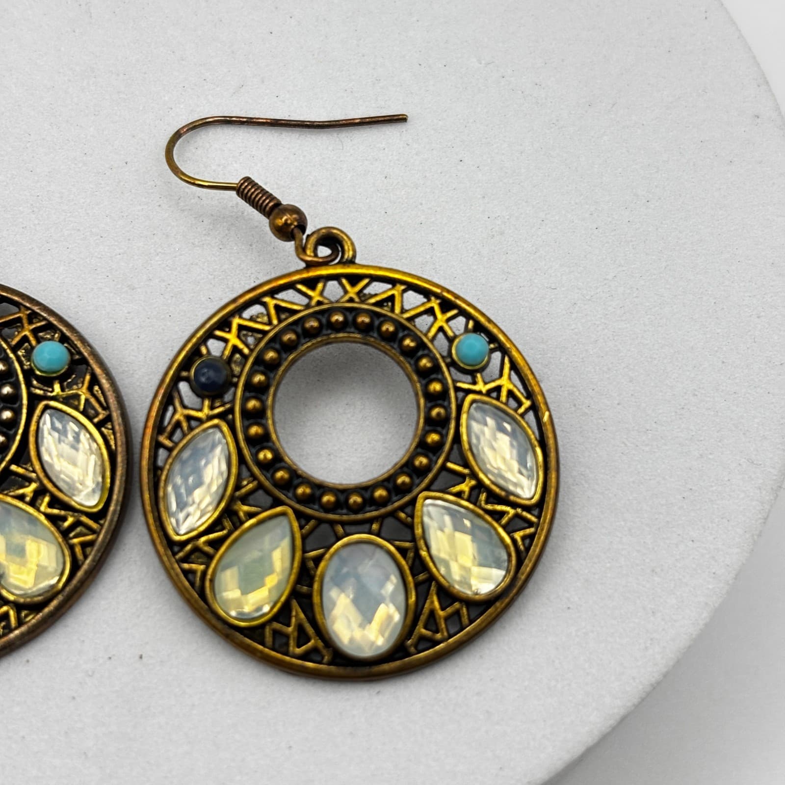 Vintage 90s Round Drop Earrings Filigree Opalescent Women's Classic Jewelry - Thumbnail 2