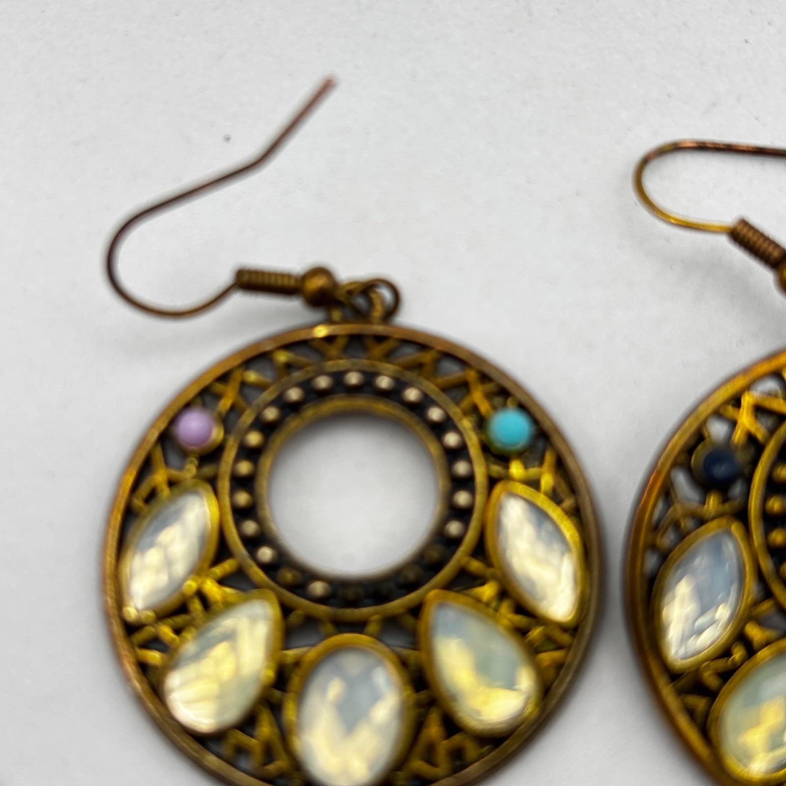 Vintage 90s Round Drop Earrings Filigree Opalescent Women's Classic Jewelry - Thumbnail 3
