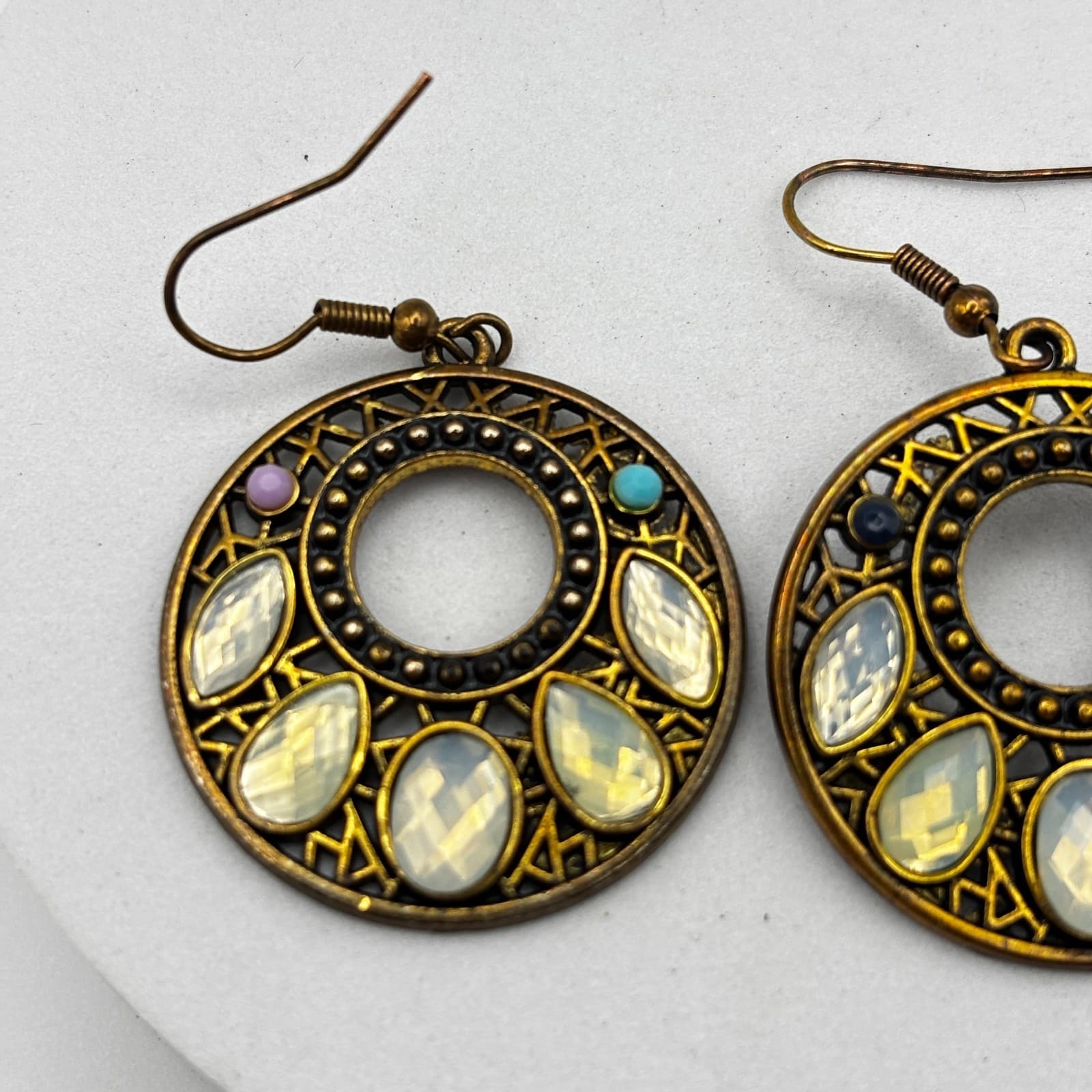 Vintage 90s Round Drop Earrings Filigree Opalescent Women's Classic Jewelry - Thumbnail 4