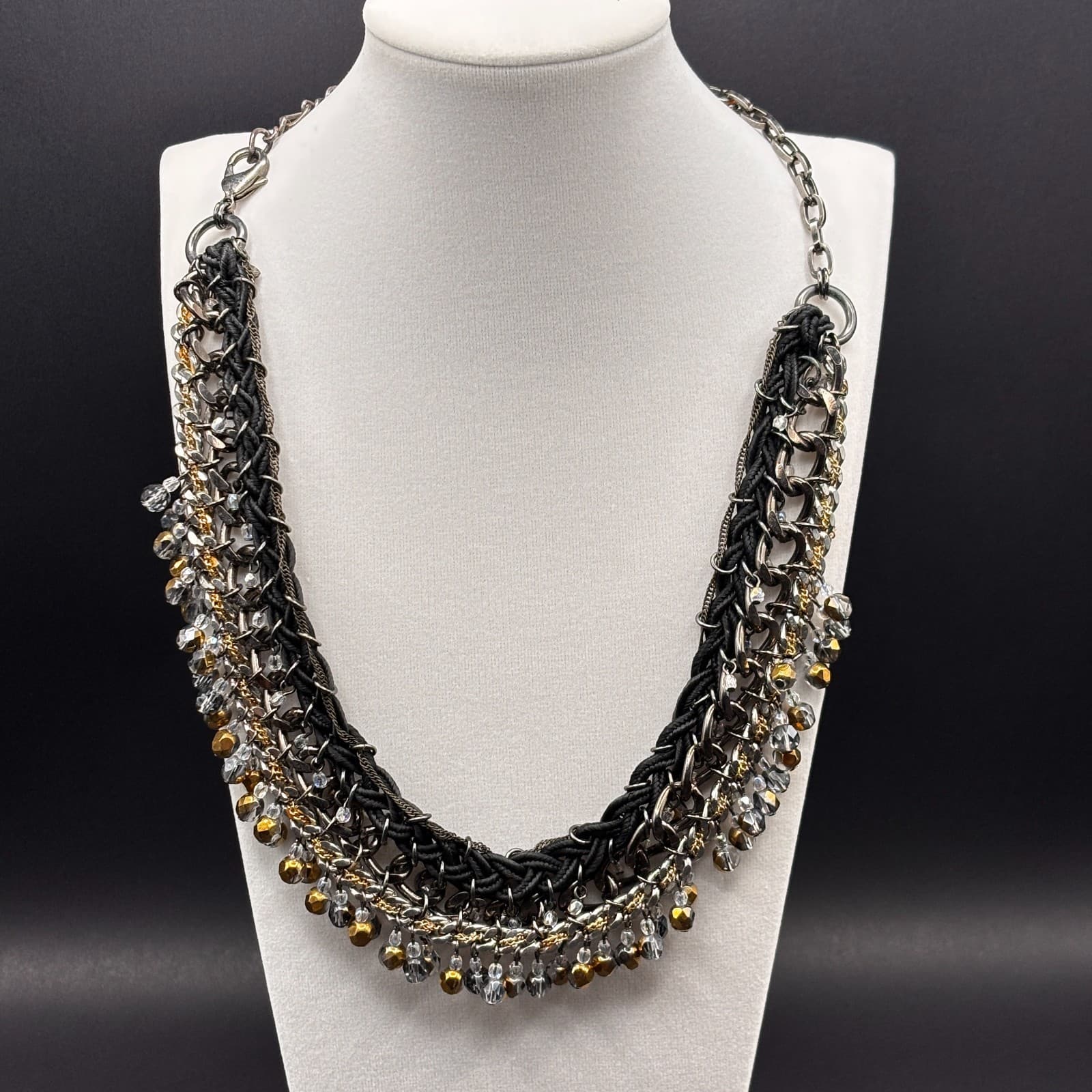 Vintage Y2K Black Cord Chain Dangle Beaded Statement Necklace Mixed Metal Boho