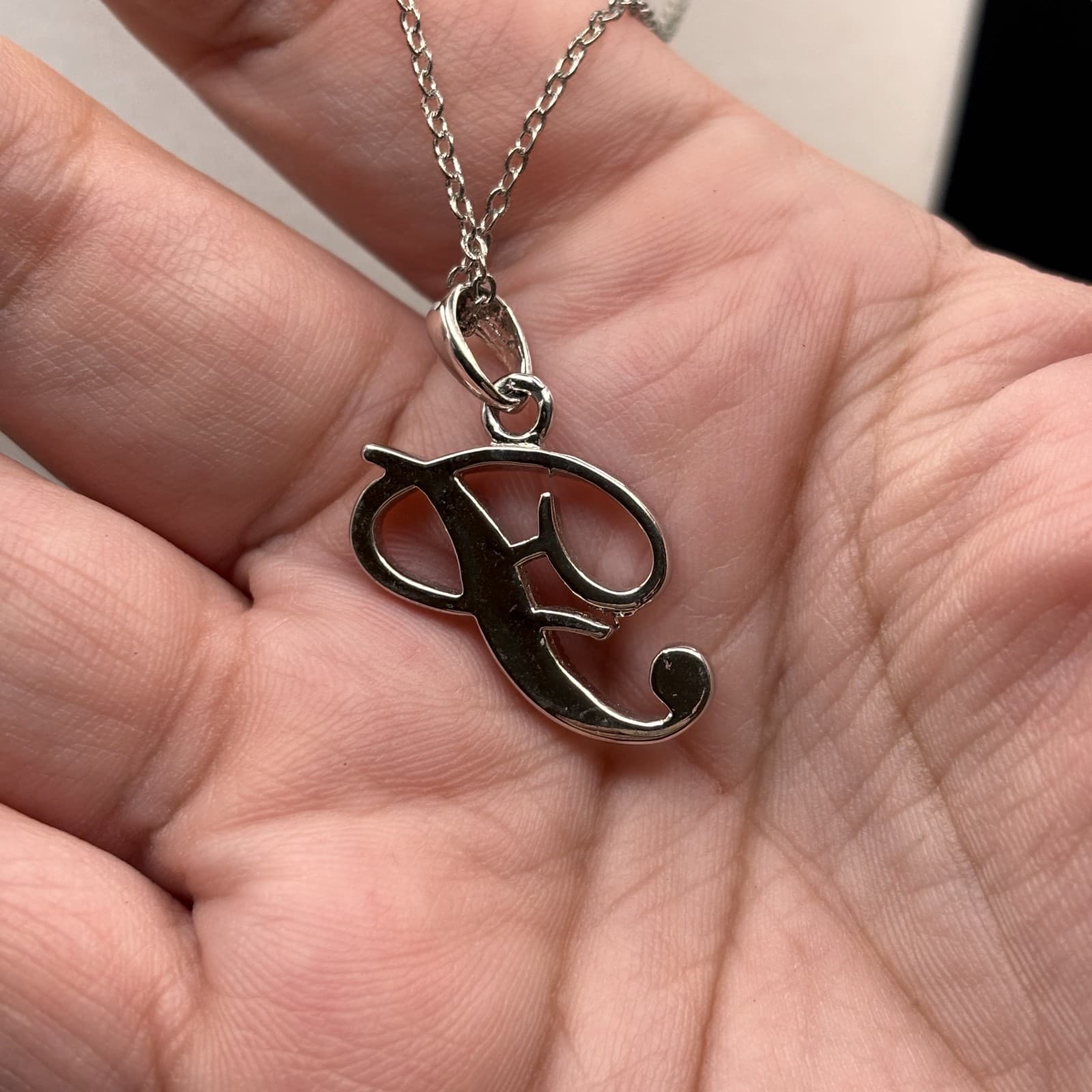 Vintage Initial P Pendant Necklace Clear Rhinestone Script Silver Tone Chain - Thumbnail 3
